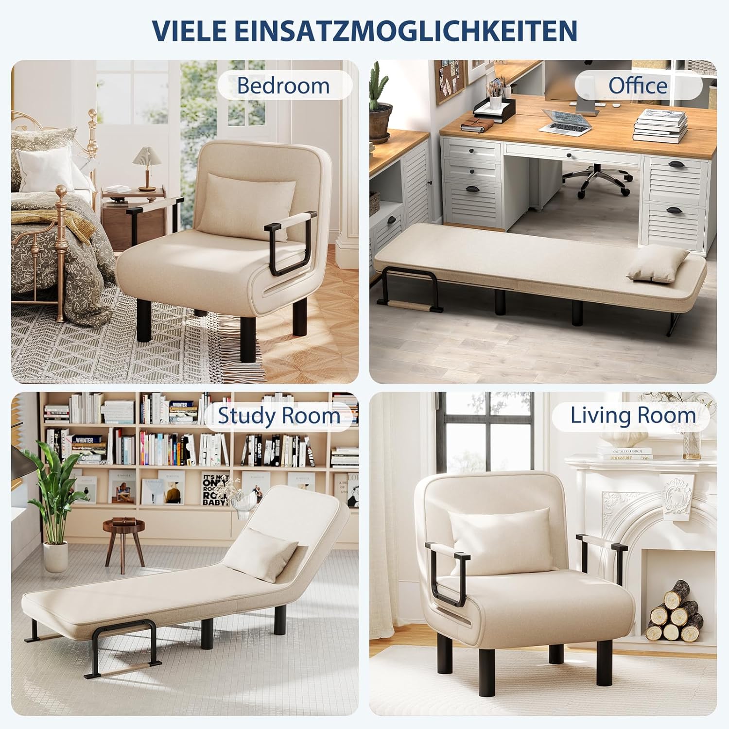 Furniliving 4 in 1 Folding Sofa Bed Chair, Convertible Sleeper Chair Bed with 6-Position Adjustable Backrest, Upholstered Chaise Lounge with Pillow, Accent Chairs for Bedroom/Office, Linen, Beige, 2