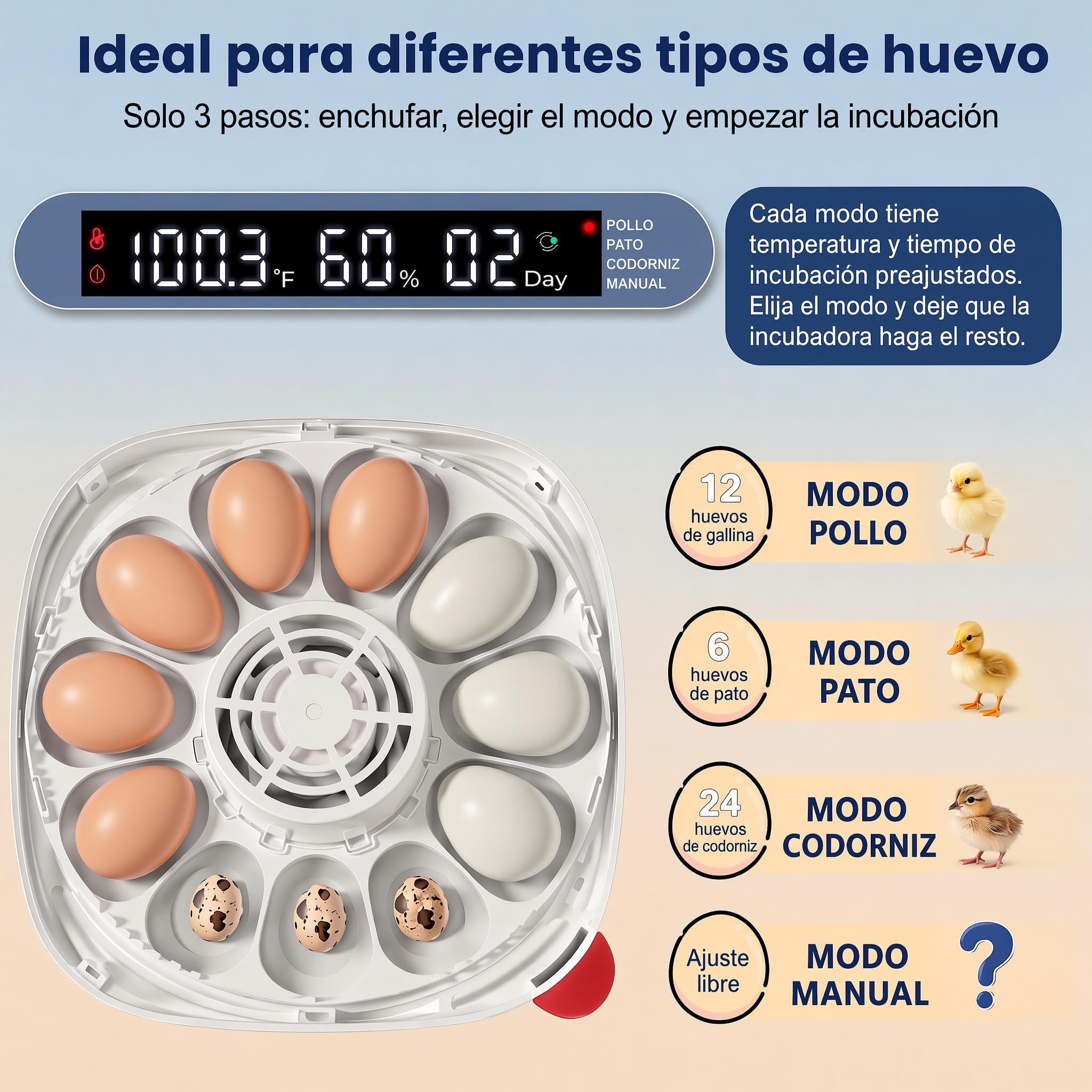 Sailnovo incubadora automática para 12 huevos, 4 modos para aves, con volteo automático, control de temperatura y alarma de humedad, incubadora para huevos de gallina, pato y codorniz (Azul)