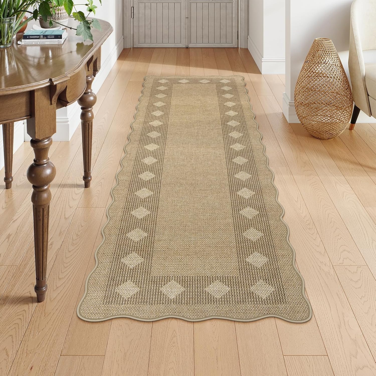 LIVEBOX Scalloped Easy Jute Diamond Rug for Kitchen, Washable 2x6 Runner Tan Rugs for Entryway, Geometric Checkered Indoor Outdoor Farmhouse Non Slip Rug Morden Carpet Mat Area Rug for Hallway - Image 7