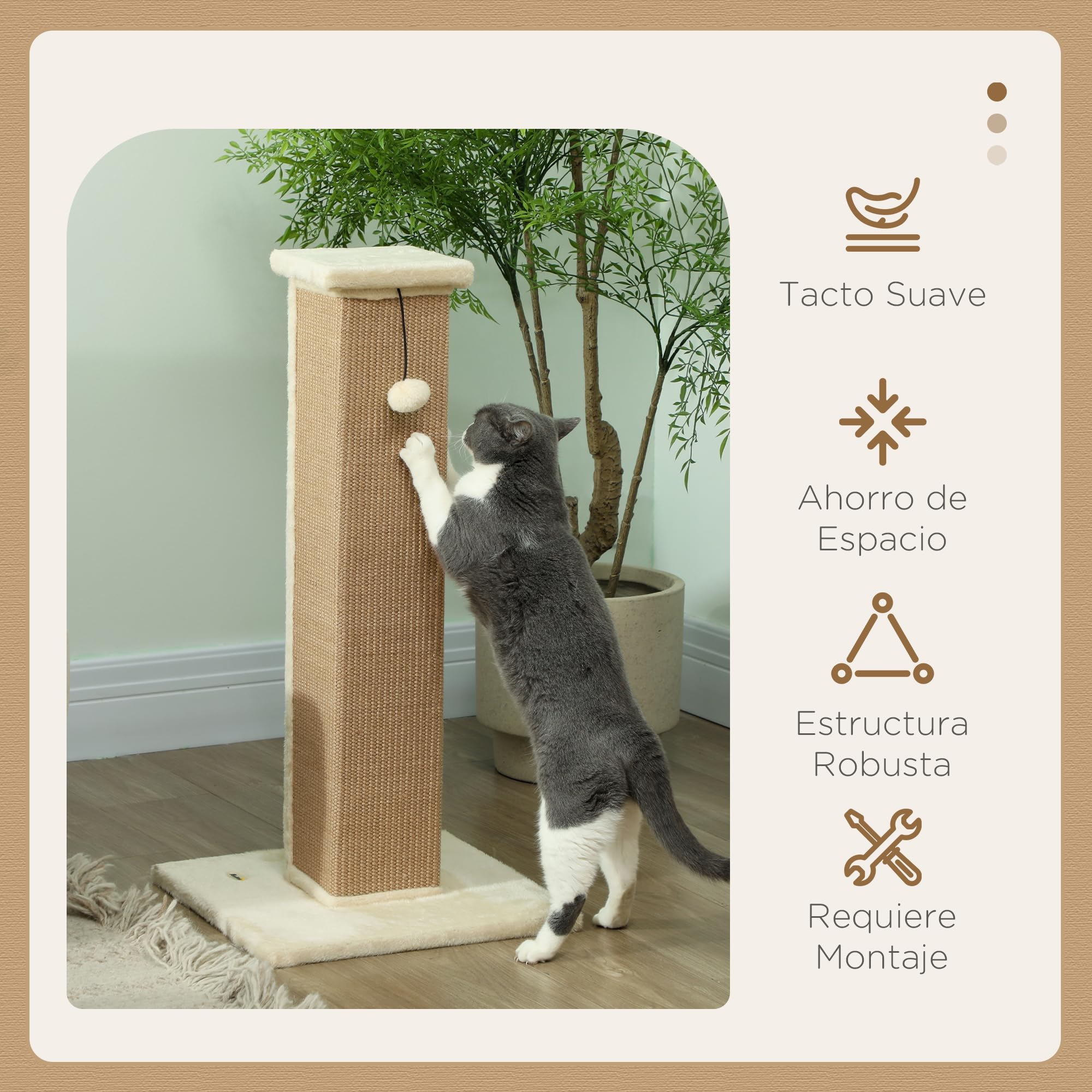 PawHut Rascador para Gatos Altura 81 cm con Poste de Yute y Bola Colgante 41x41x81 cm Beige