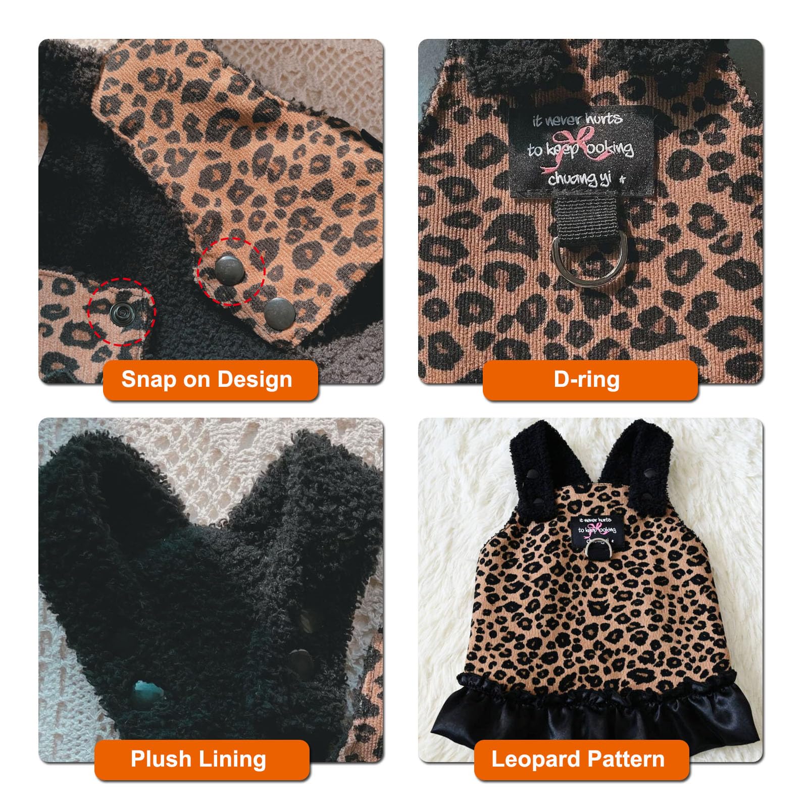 HDKUW Small Dog Dresses with D-Ring & Plush Lining, Leopard Print Cozy Fleece-Lined Puppy Outfits for Small Dogs, Cold Weather Fashion Pet Clothes for Daily Walks/Holiday Parties S