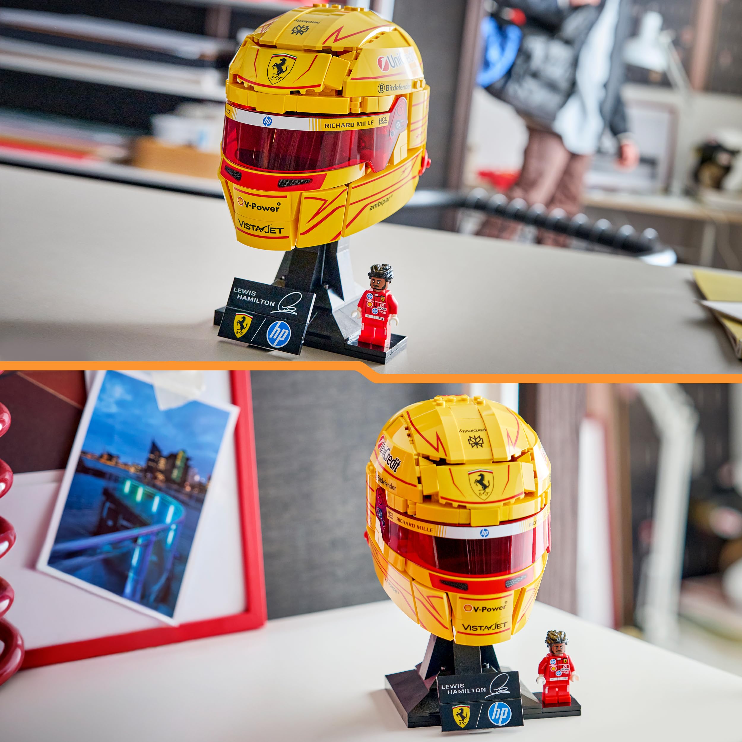 LEGO Editions Scuderia Ferrari HP Lewis Hamilton Helm - F1 Merchandise - Ausstellungsmodell Bausatz mit sammelbarer Minifigur - Geschenk für Jungen ab 14 Jahren und Erwachsene Motorsportfans - 43022