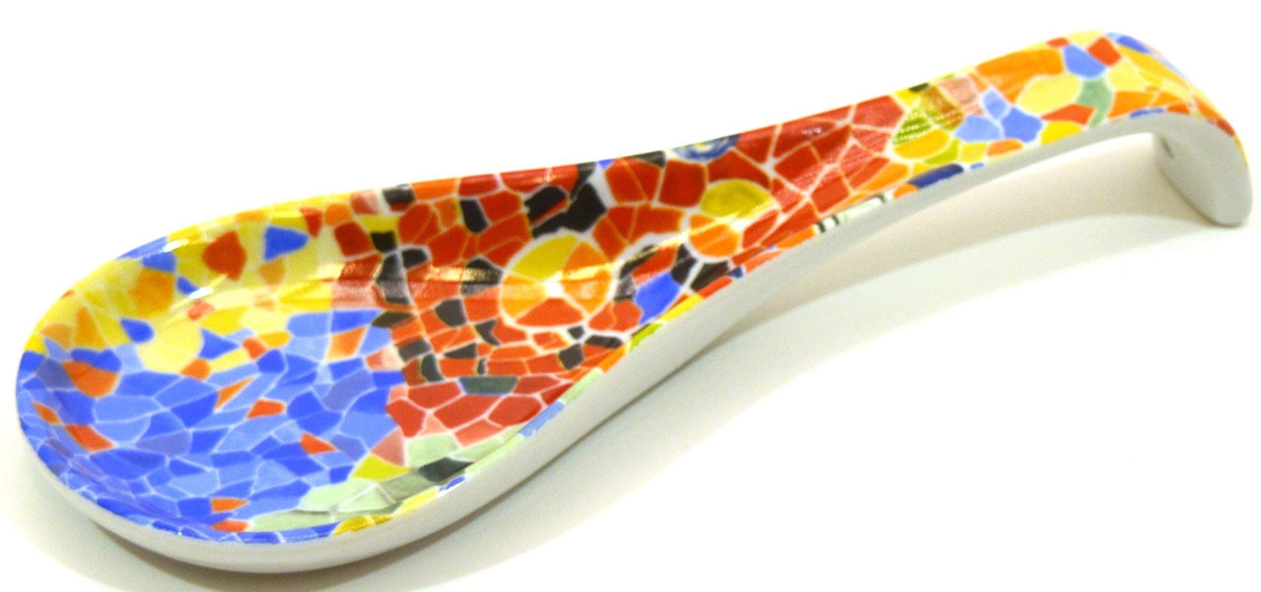 ART ESCUDELLERS Porcelain SMALL SPOON TRAY decorated in TRENCADIS Gaudí style. (Colour AURORA). 8.66'' x 3.15''