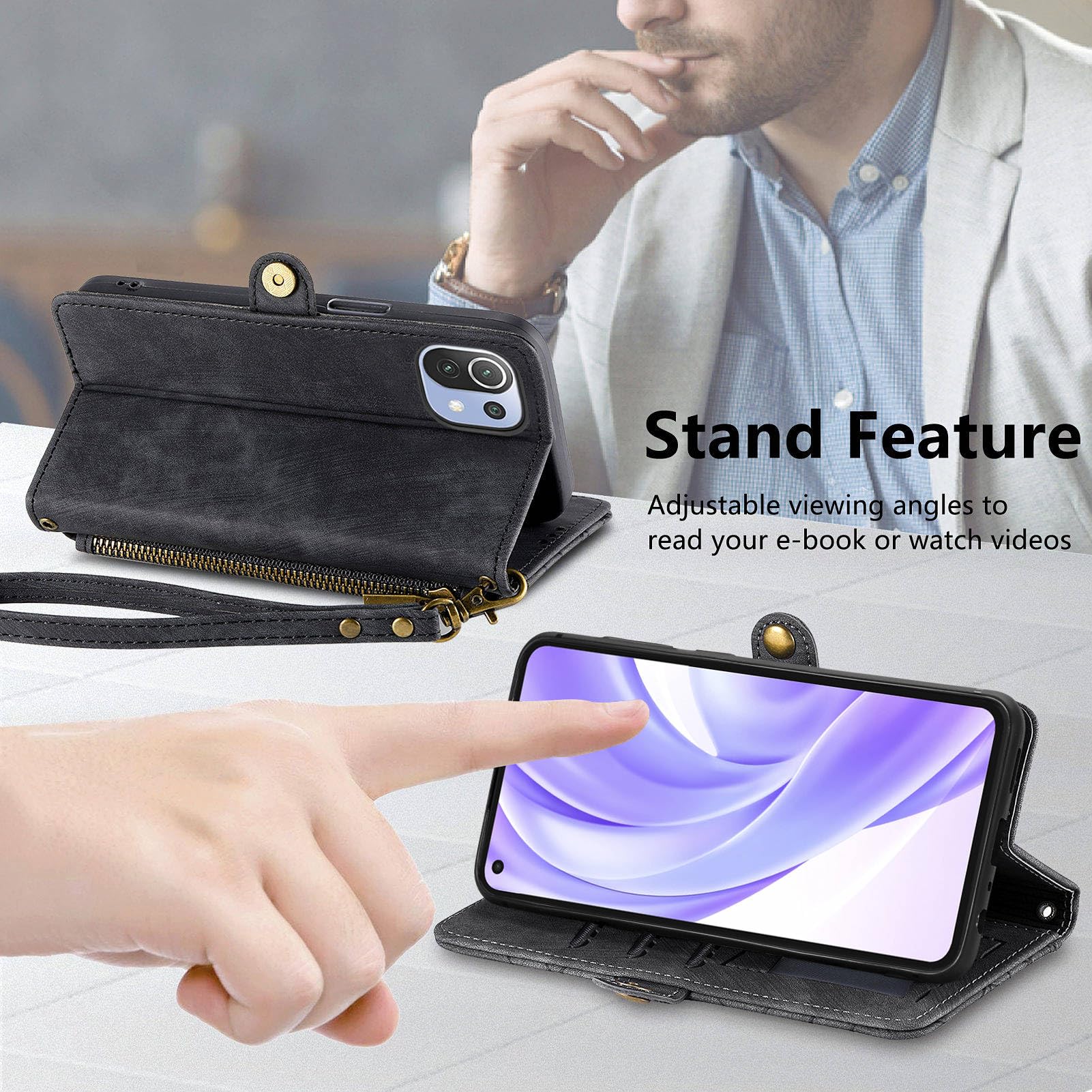 Asuwish Phone Case for Xiaomi Mi 11 Lite 4G/5G Wallet Cover with Tempered Glass Screen Protector and Wrist Strap Flip Zipper Card Holder Stand Cell Accessories Mi11Lite Mi11 11Lite G5 Women Men Black - Image 3