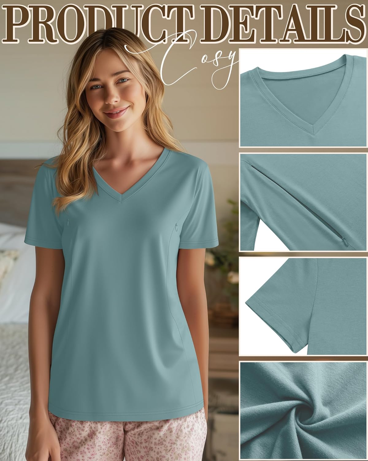 4 Pack Women's Nursing Shirts for Breastfeeding with Hidden Zipper V Neck Short Sleeve Loose Fit Maternity Tops