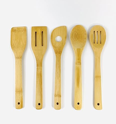Miniatura 1 de JapanBargain 3670 - Juego de 5 espátulas de cocina de bambú, tenedor de cocina, cuchara de cocina, utensilios de cocina, 12 pulgadas, 10 unidades