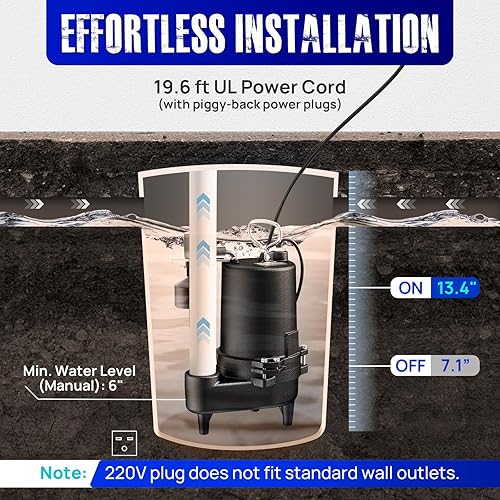 Vista 13 de AQUASTRONG Bomba de sumidero sumergible de 1/2 HP, bomba de sumidero de acero inoxidable y hierro fundido de 3830 GPH, interruptor de flotador