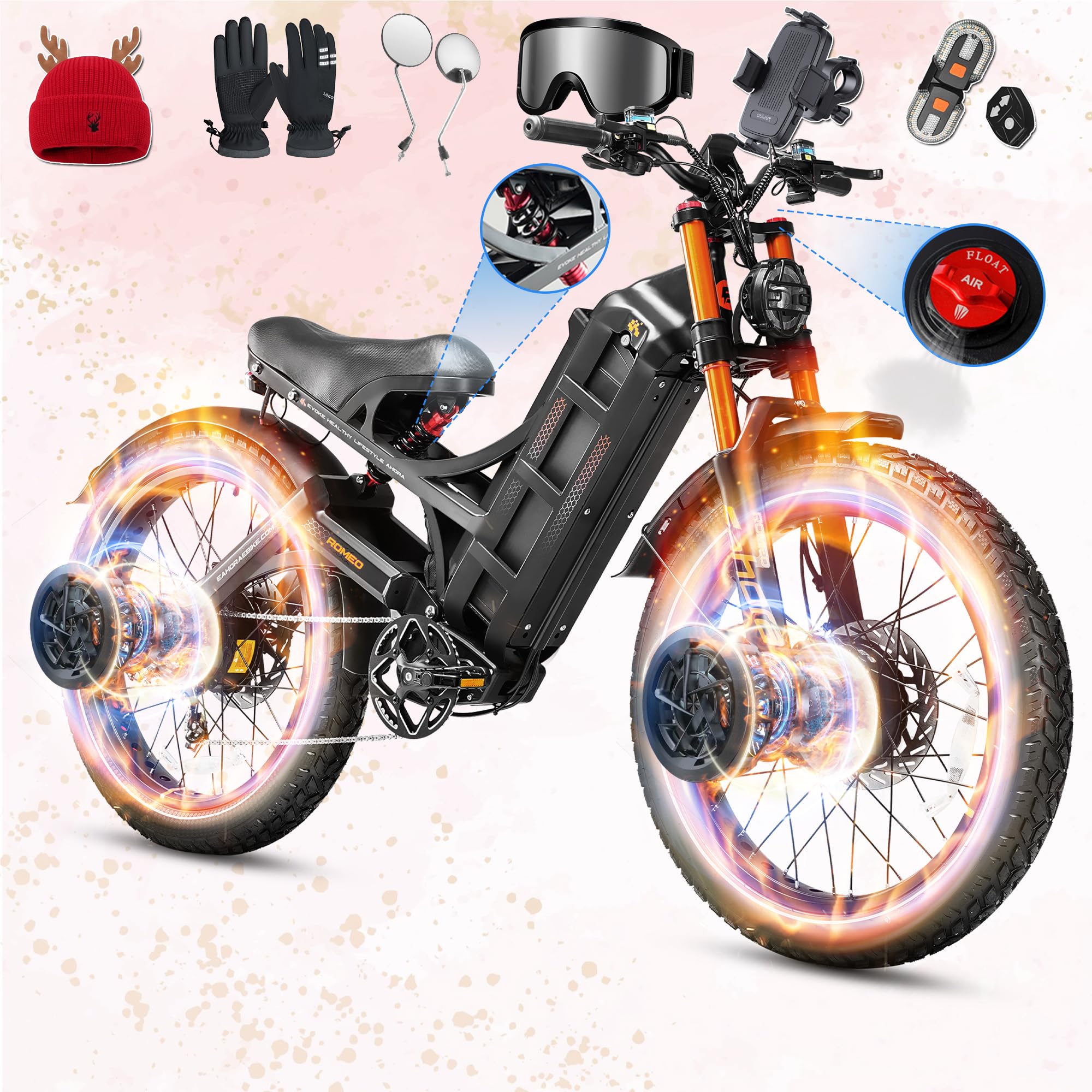 eAhora 2025 Romeo Pro 3/2 50-46Mph Electric Bike for Adults 5600W/4000W/2500W Dual Motor Ebike 60V/80Ah 52V/70Ah Long Range Fat Tire Full Suspension Electric Mountain Bicycle