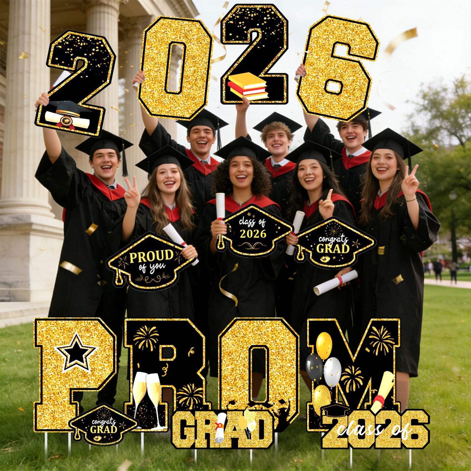 14 Pcs Prom 2026 Graduation Yard Signs Black & Gold Graduation Prom Yard Signs with Stakes Graduate Yard Decorations for High School & College Outdoor Graduation Party Decor