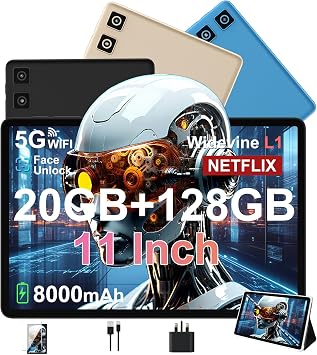 DMOAO Tablet 11 inch with Widevine L1, 8000 mAh + 18W Fast Charge, Android Tablets with 20GB RAM + 128GB ROM, 13 MP + 5 MP, 5G WiFi, GPS, Octa-Core 2.0 GHz, Face ID, 1280 * 800, Black