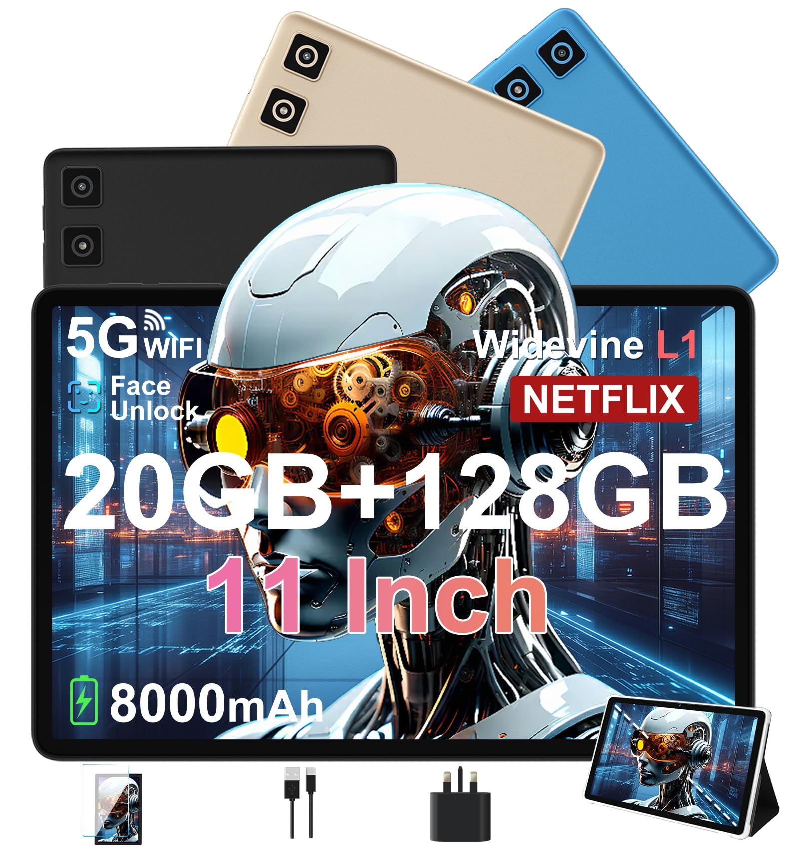 DMOAO Tablet 11 inch with Widevine L1, 8000 mAh + 18W Fast Charge, Android Tablets with 20GB RAM + 128GB ROM, 13 MP + 5 MP, 5G WiFi, GPS, Octa-Core 2.0 GHz, Face ID, 1280 * 800, Black