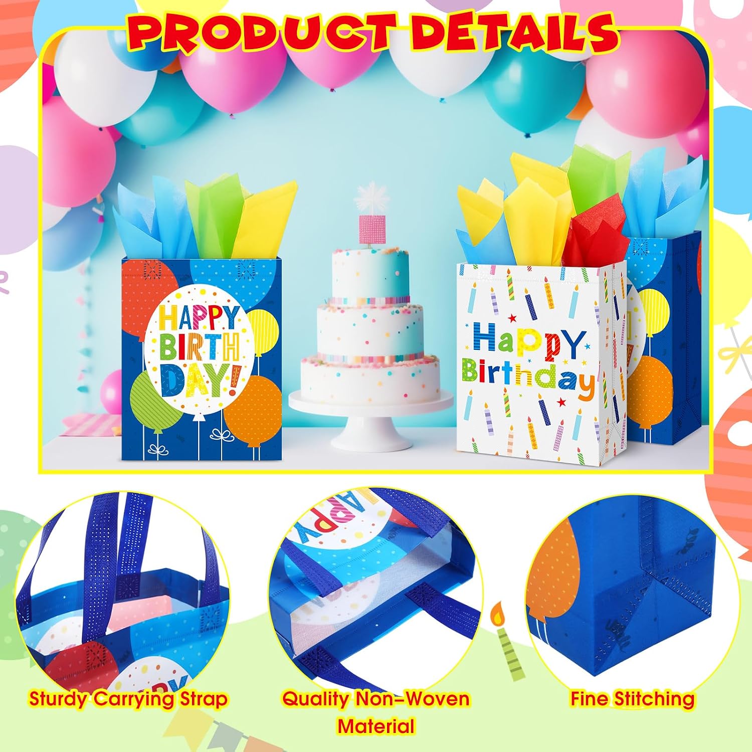 Teenyyou Happy Birthday Gift Bags with Tissue Papers Non Woven Reusable Gift Wrap Bags Medium with Handle 10.2 x 8.3 x 3.9 Inch for Birthday Party Present(4 Pcs) image 3