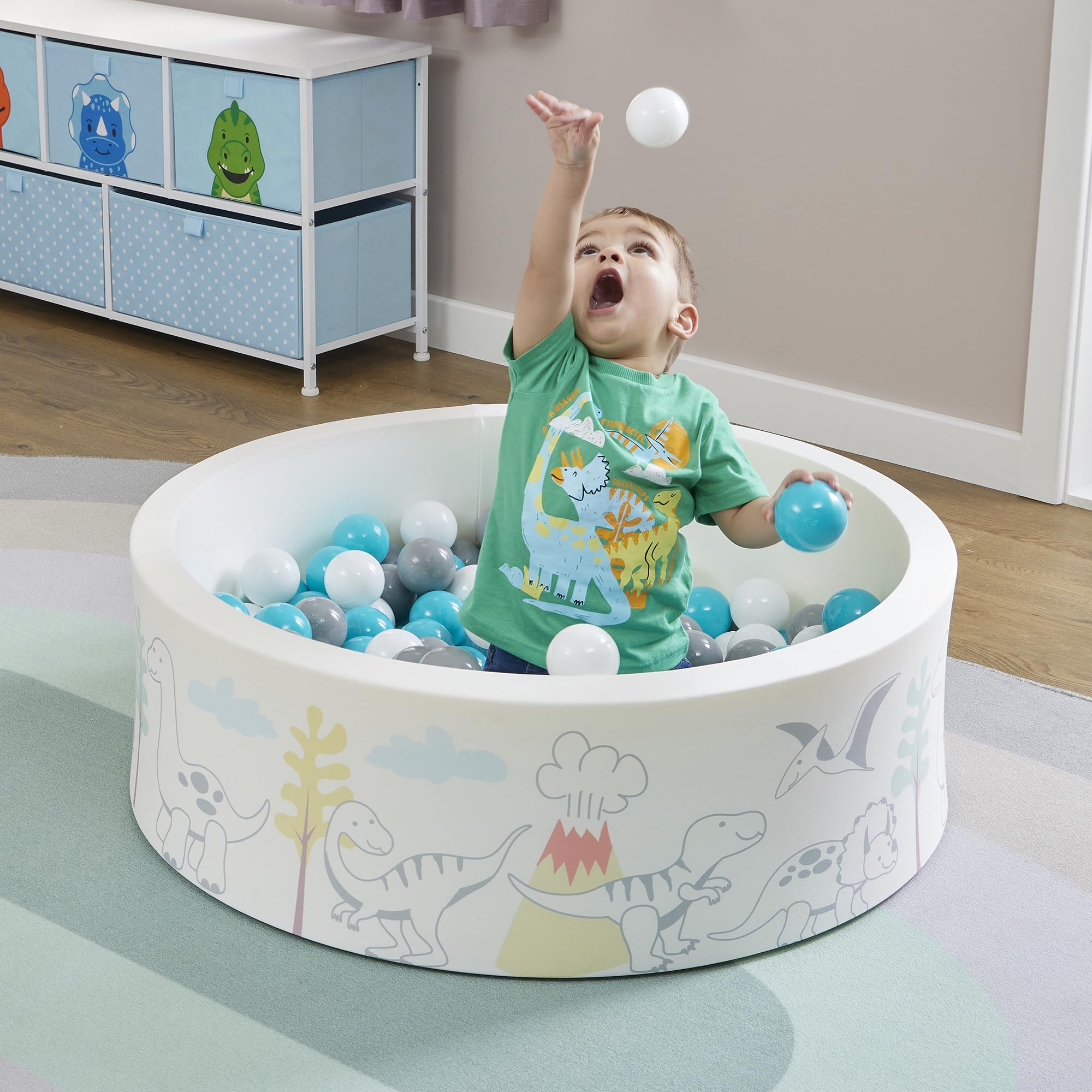Liberty House Toys Soft Foam Ball Pit Dinosaur Pattern Complete with 200 Balls White H30 x W90 x D30cm