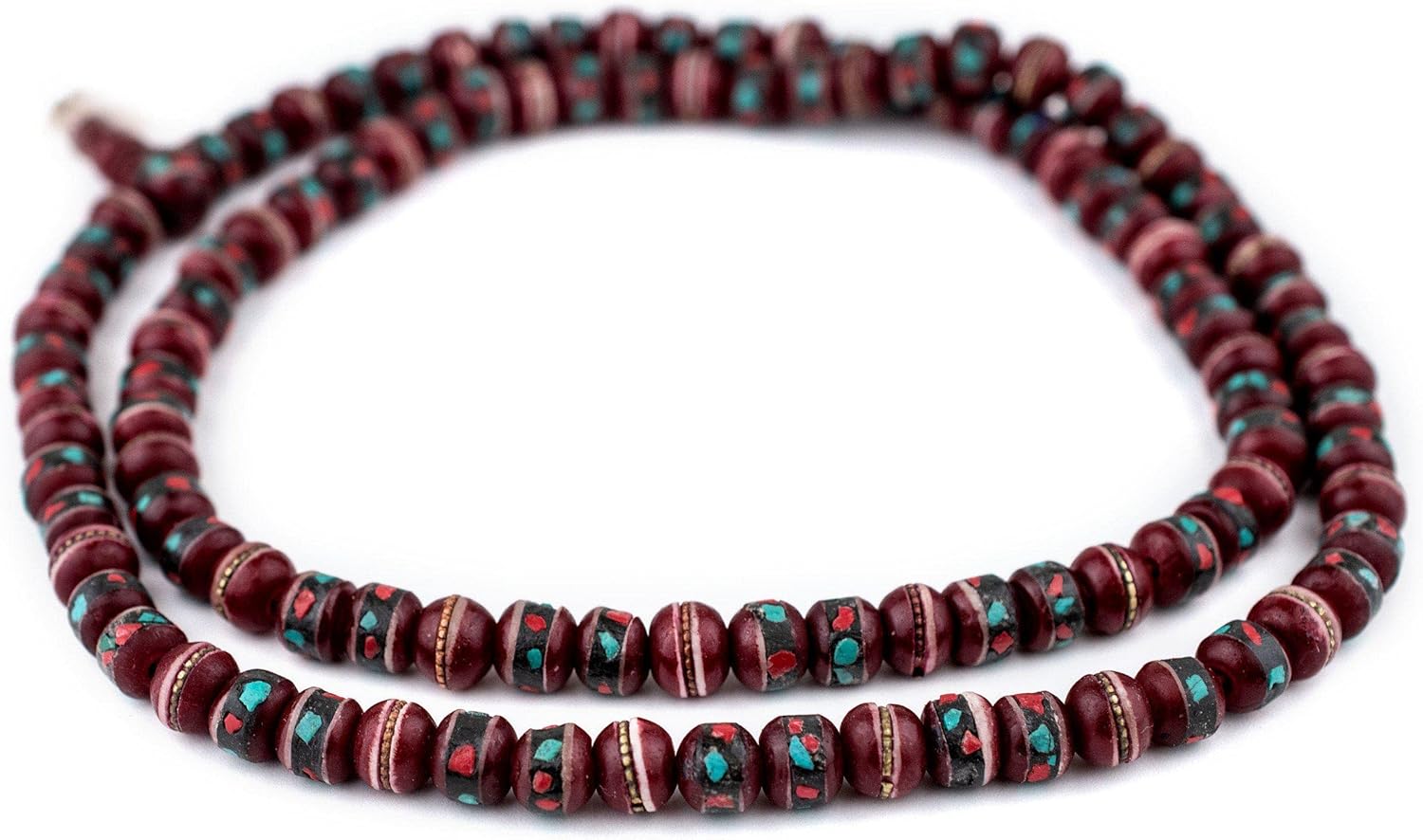 The Bead Chest Crimson Red Inlaid Bone Mala Beads 10mm Nepal Round Large Hole 31 Inch Strand