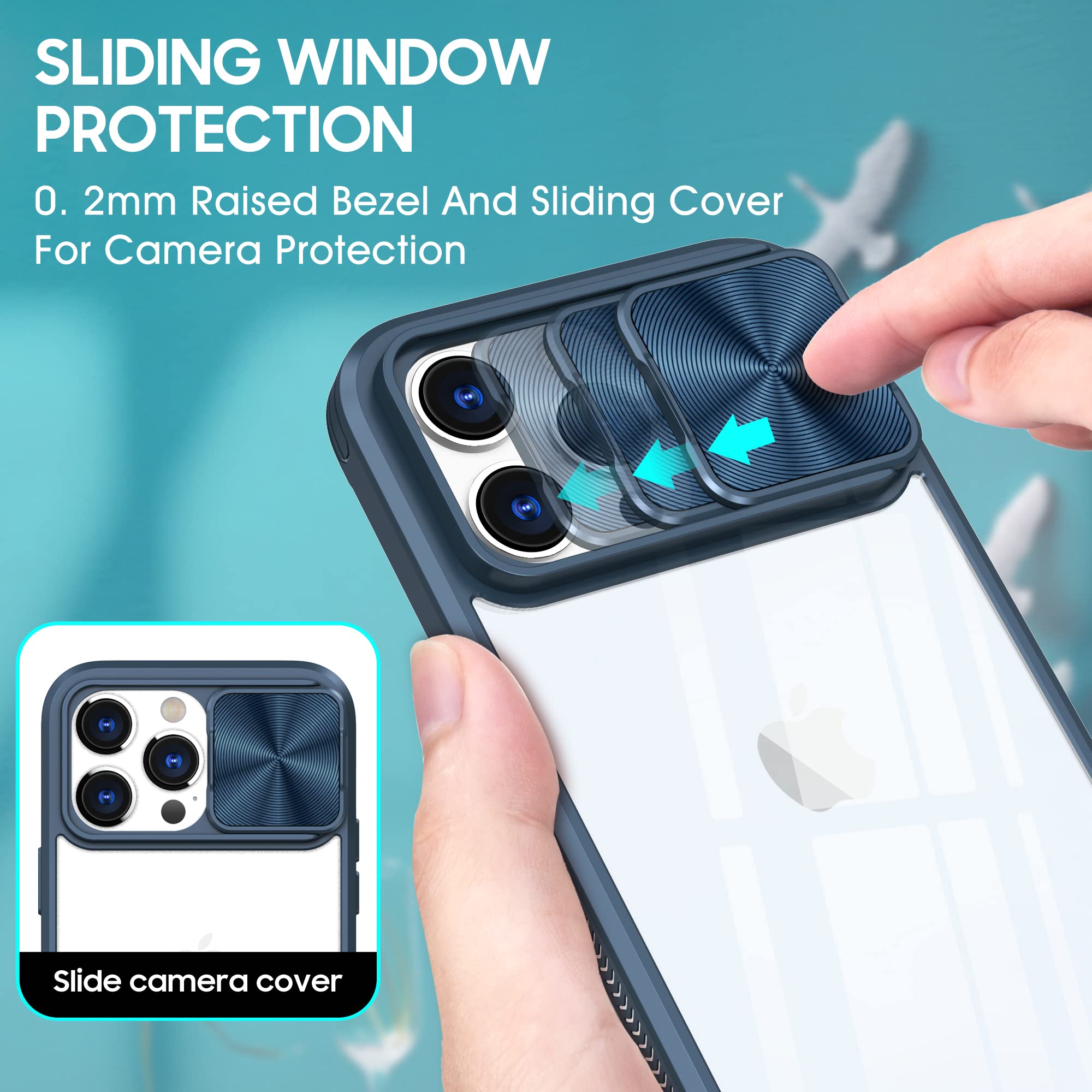 Custodia Per IPhone 13 Pro Con Protezione Fotocamera Scorrevole – Cover Sottile In PC E TPU, Antiscivolo, Antigraffio, Colore Blu. Design Unico.