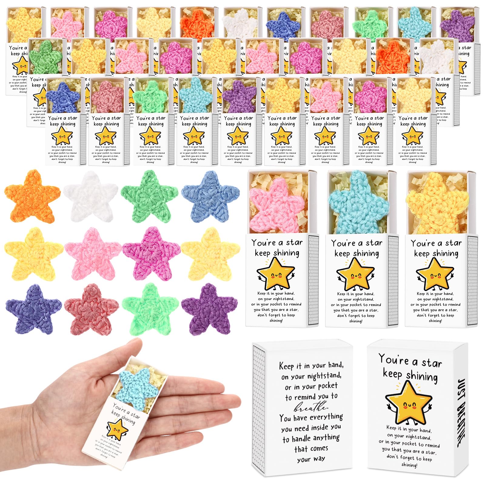 Wettarn 24 Sets Inspirational Gifts Handmade Crocheted You're a Star with Boxes Bulk Pocket Hug for Valentine Teachers Office Employee Coworkers Staff