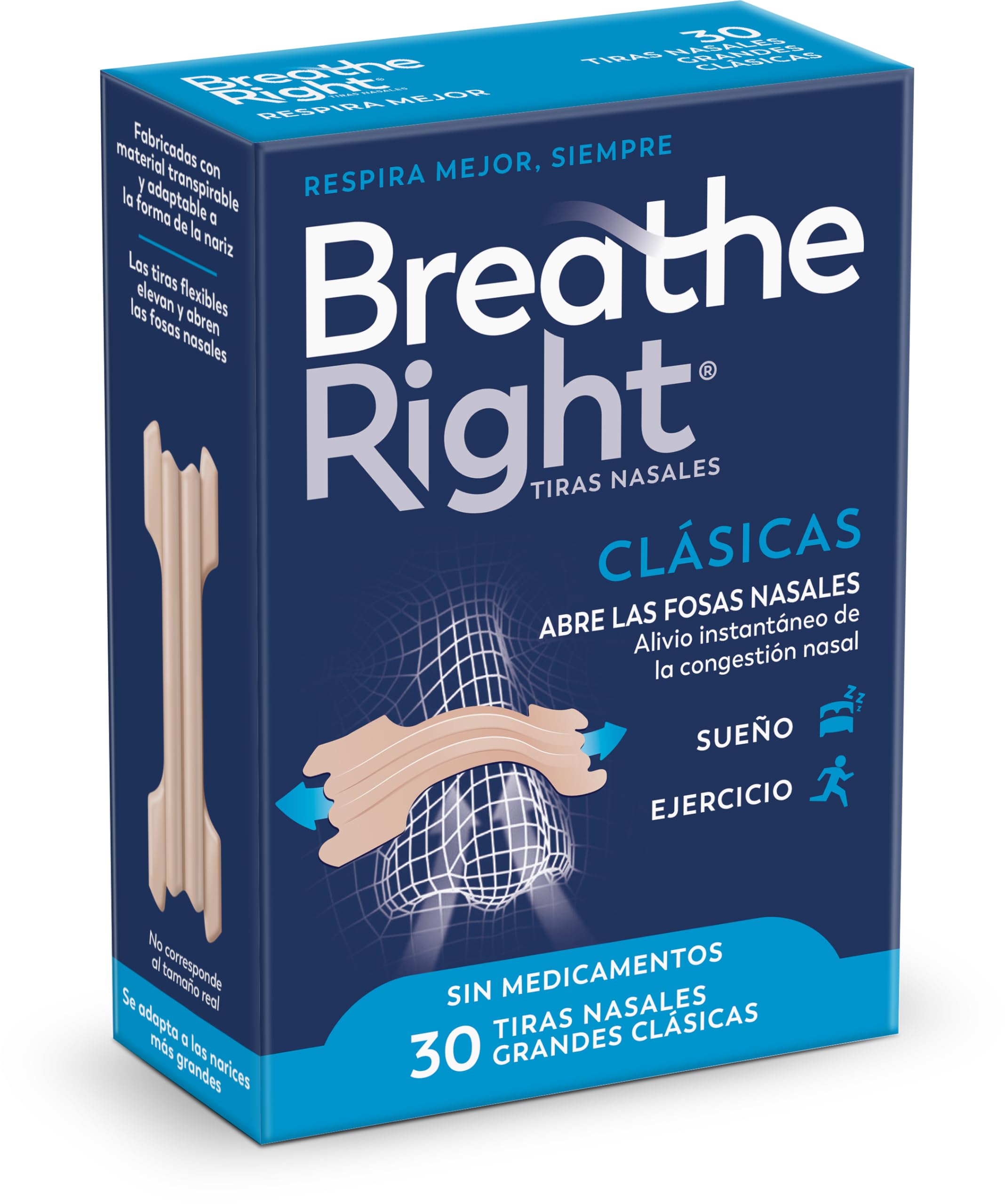 Breathe Right Clásicas - 30 Tiras Nasales/Alivio de la congestión nasal/Ayuda a reducir los ronquidos/Tiras nasales para respirar mejor/Sin Medicamentos (Grande)