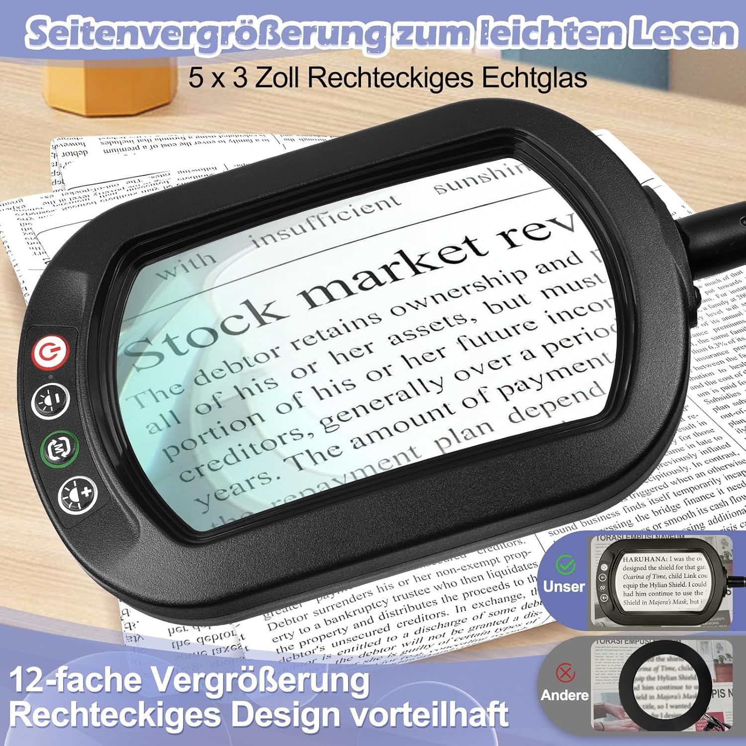 12X Rechteckige Lupe mit Licht und Ständer, 24-Zoll Flexibler Schwanenhals-Vergrößerungslampe mit Ständer, 5 Farbmodi stufenlos dimmbar, 3-in-1 LED-Vergrößerungslampe freihändig für Naharbeit, Lesen