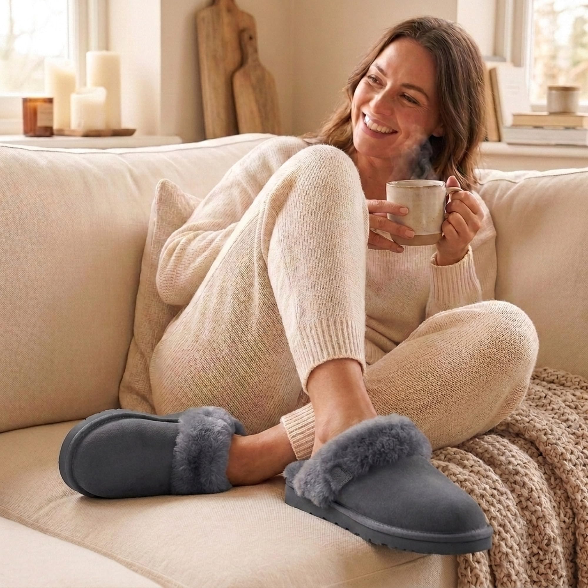 Rohn Moden Lammfell Hausschuhe Damen– Talea – Warme Hausschuhe Damen mit Schaffell & rutschfester EVA-Sohle – Winter Pantoffeln für zuhause – Slipper gefüttert - Braun Rose Grau