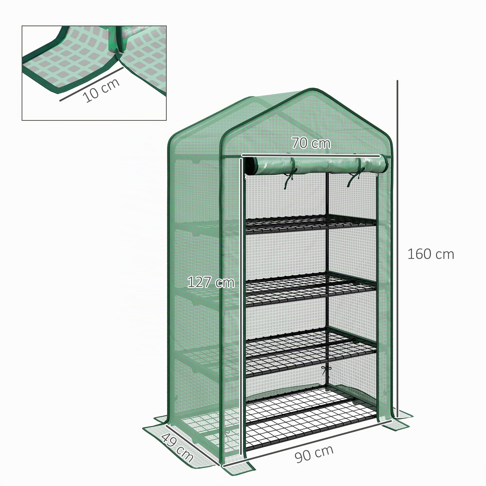Outsunny Mini invernadero ancho 4 estantes,cubierta PE reforzada,Verde | Invernadero portátil, puerta enrollable, estantes de alambre, interior/exterior, 90x49x160cm