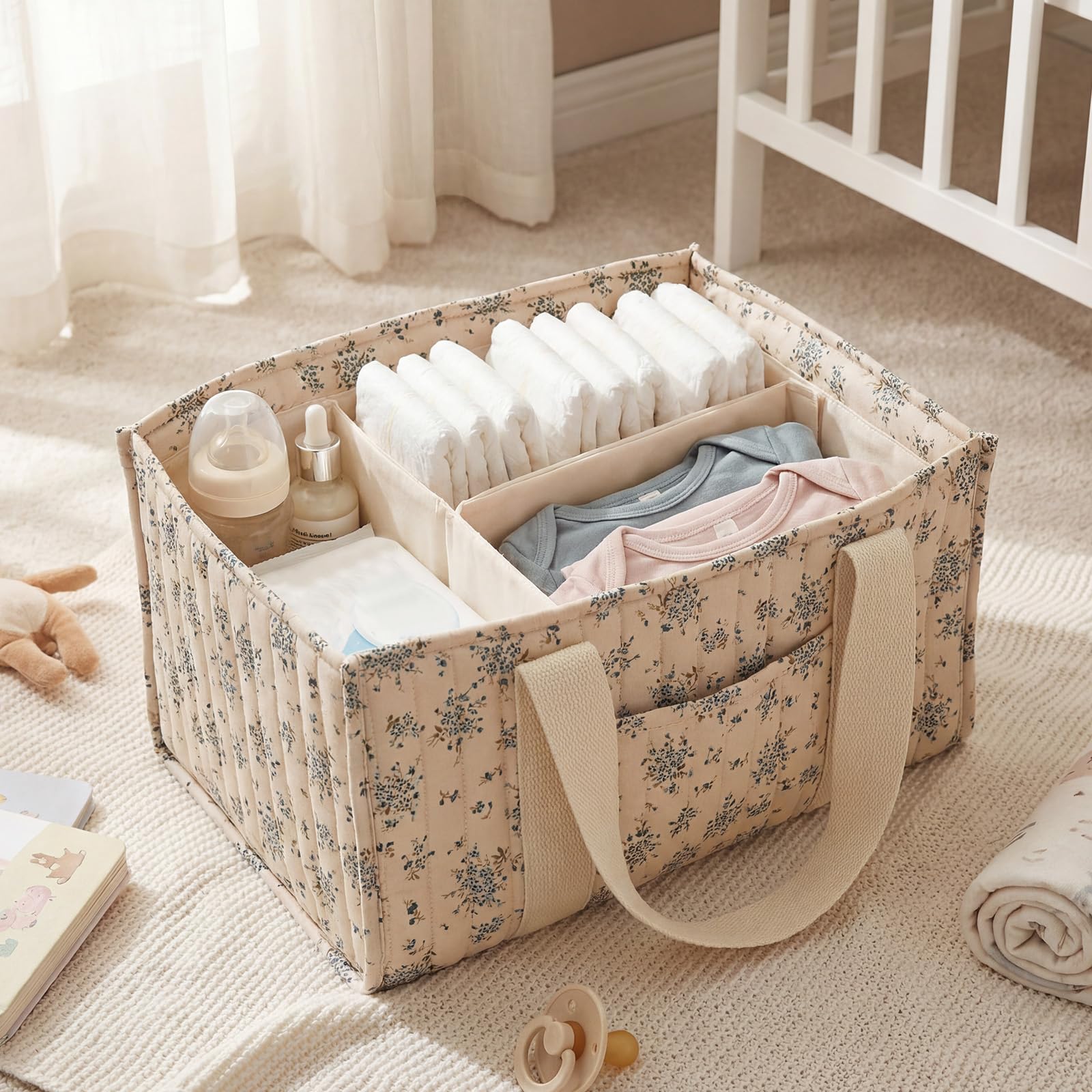 QINGLANG Baby Nappy Caddy Organiser Portable Nursery Storage Basket with Removable Dividers Foldable Diaper Tote Bag for Changing Table & Car Travel Newborn Essentials