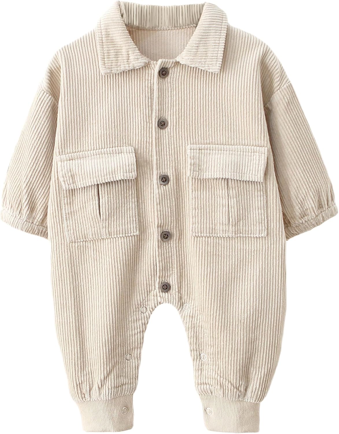 SEAUR Baby Boy Girl Long Sleeve Corduroy Romper Solid Color Button Down Collared Basic Jumpsuit One Piece Fall Outfit