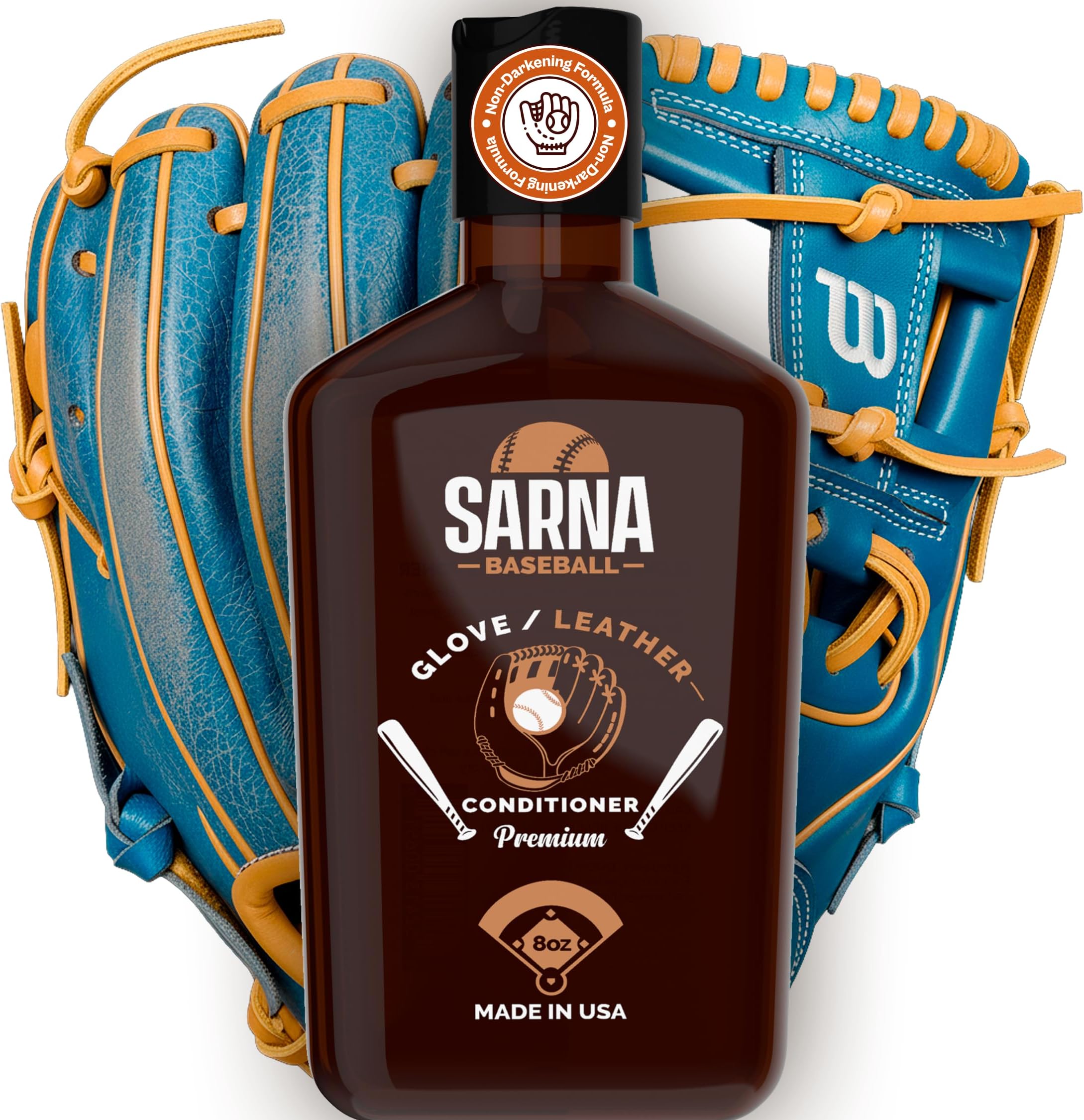 SARNA BASEBALL Glove Conditioner, Liquid, 8 Oz – Water-Based, Non-Darkening, No Sticky Residue – Glove Conditioner for Mitts, Baseball & Softball Gear Made in USA