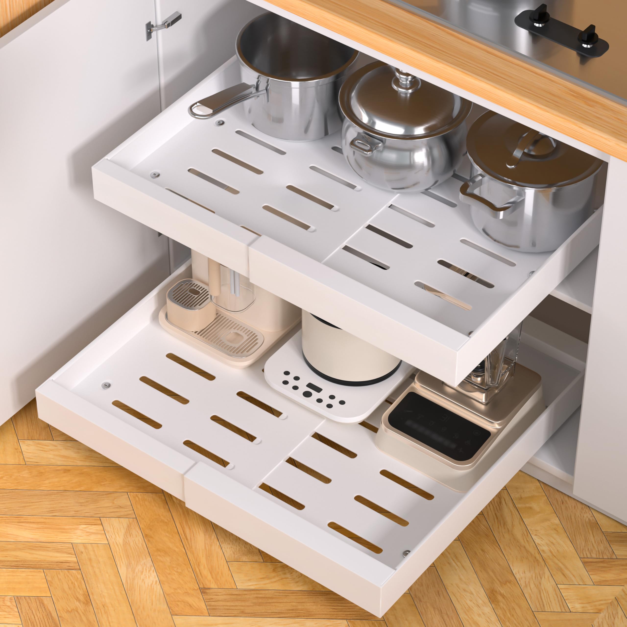 2 PACK Pull Out Cabinet Organizer|Metal Heavy Duty Slide Out Drawers Fixed with Nano Adhesive Film|Multifunctional Drawer Organizers For Kitchen/Pantry Cabinets (White, 21''DEEP/12-20"Width)