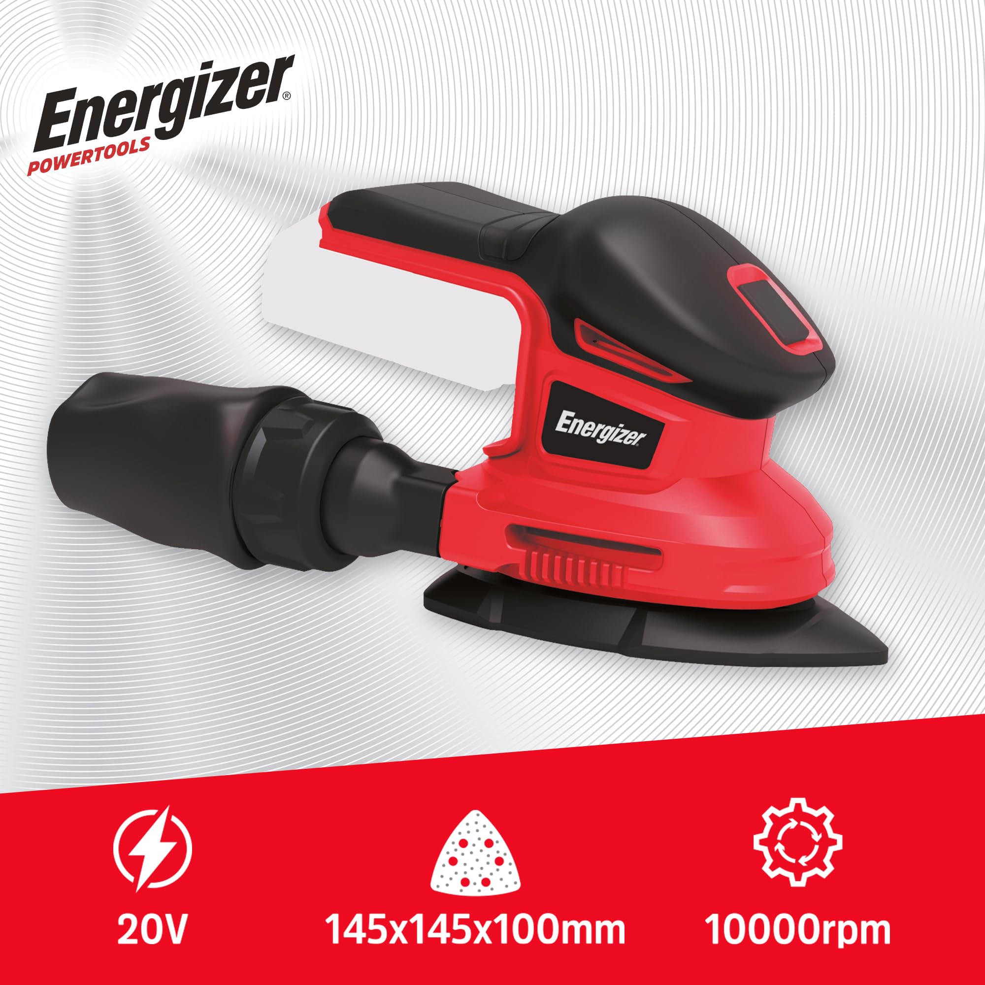 Energizer - Levigatrice Orbitale Multifunzione Triangolare Senza Fili 20V con Batterie Incluse – 10000 OPM, Sacchetto Aspirapolvere, 10 Fogli Abrasivi Inclusi (P60/80/120), Ideale per Finiture e Fa