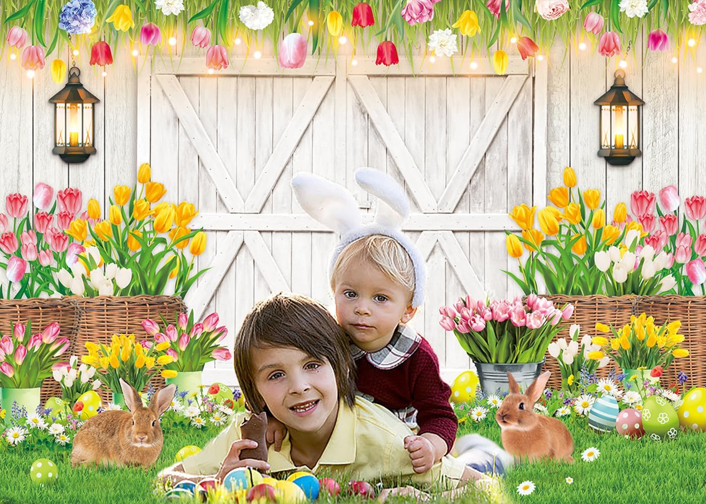 Spring Easter Backdrop Happy Easter White Barn Door Bunny Floral Colorful Eggs Photography Background Kids Children Family Garden Party Bridal Wedding Decorations (7x5FT)