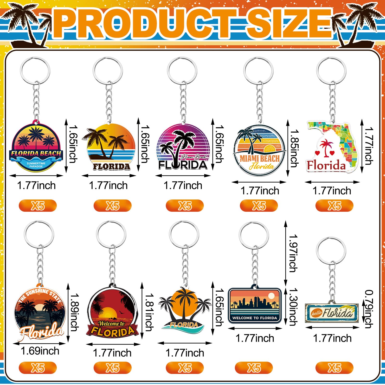 Trnayi 50 Pcs Florida Souvenirs Acrylic Keychain Gifts Bulk United State Florida Keychain Palm Tree Sea Sun Map Travel Gifts Souvenirs for Women Men Friends