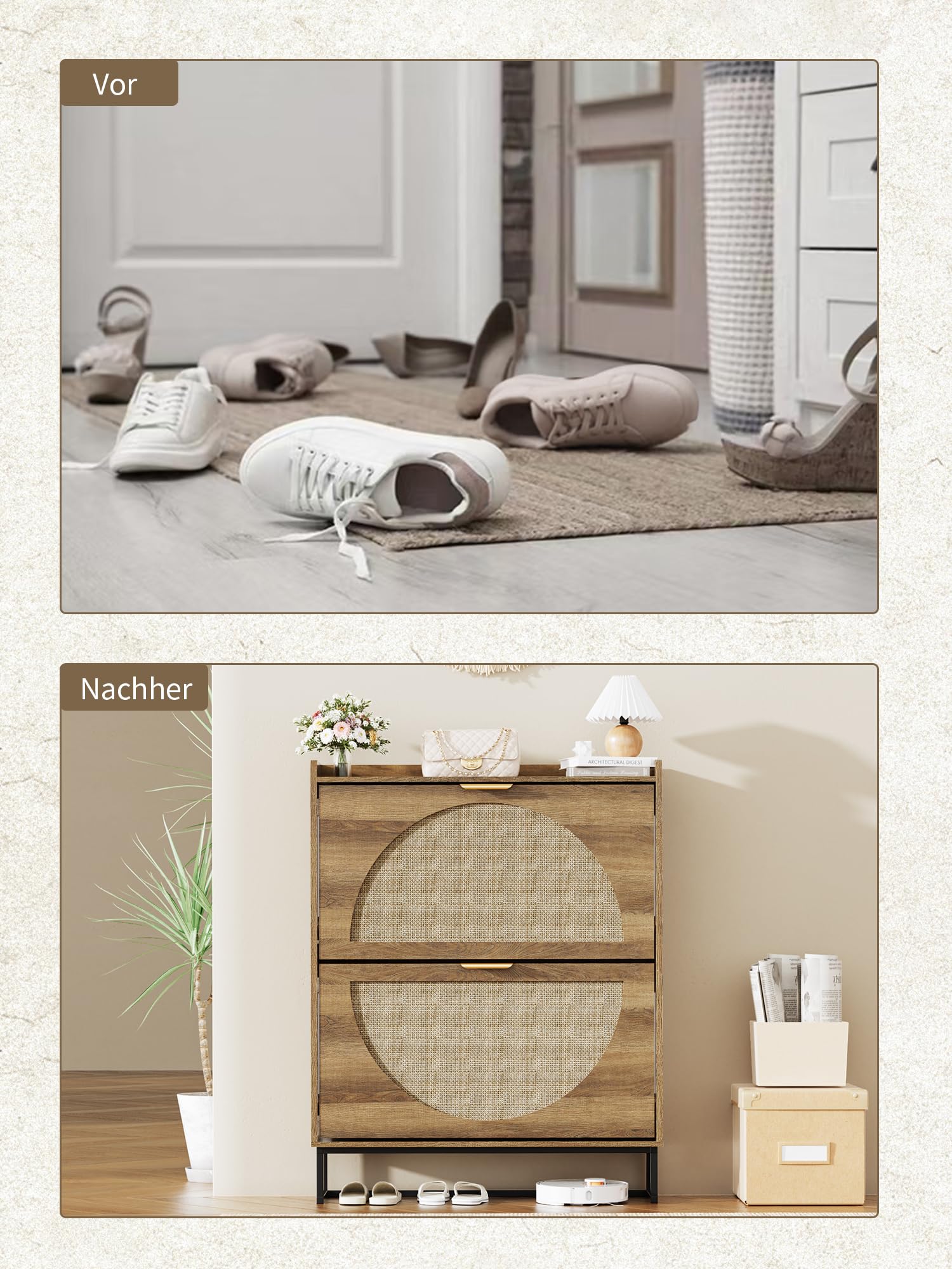 BonVache Rattan Schuhschrank Schmal, Boho Schuhkipper Holz mit 2 Klappen & Verstellbar, Platzsparendes Schuhregal Schuhaufbewahrung für Eingang & Wohnzimmer, 80x24x102 cm