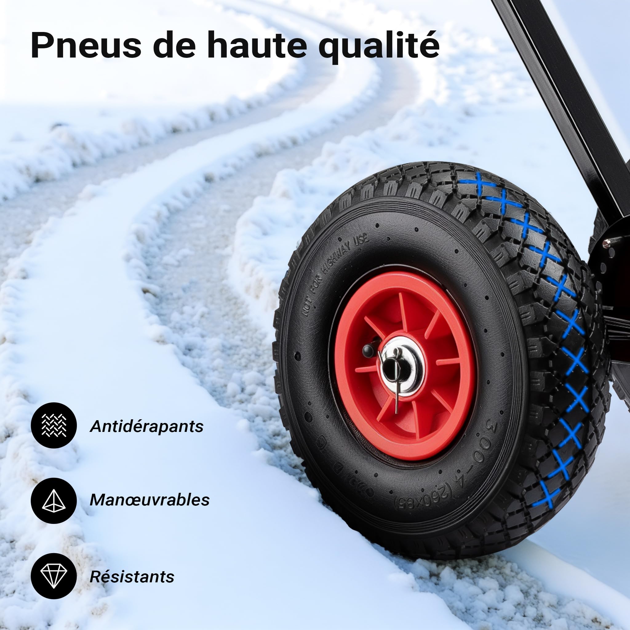 Wiltec Pelle à Neige sur Roues gonflables – Lame de 74 x 43 cm – Longueur poignée 100 cm – en PVC et Acier – Chasse Neige Manuel pour déneigement