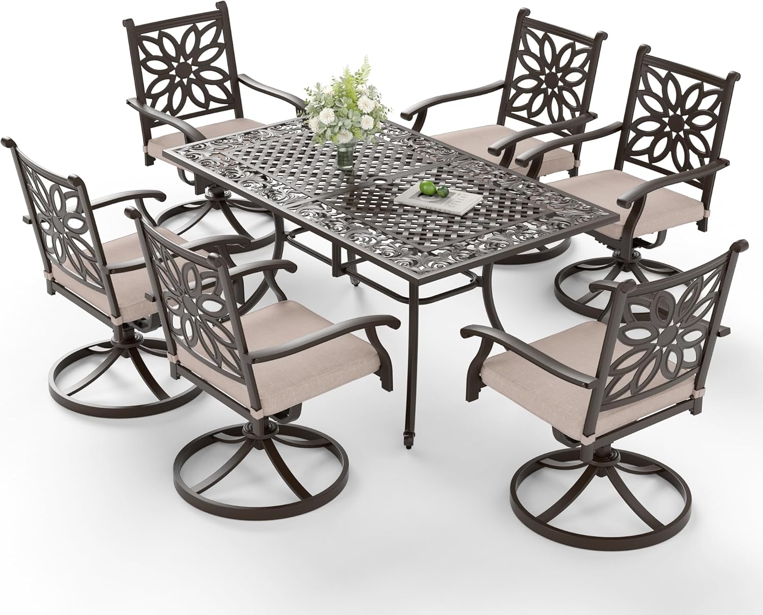 Sophia & William 7 Pieces Cast Aluminium Patio Dining Set for 6, Outdoor Swivel Rocking Chairs and Rectangular Table with 2.3" Umbrella Hole for Porch Backyard Deck, Bronze