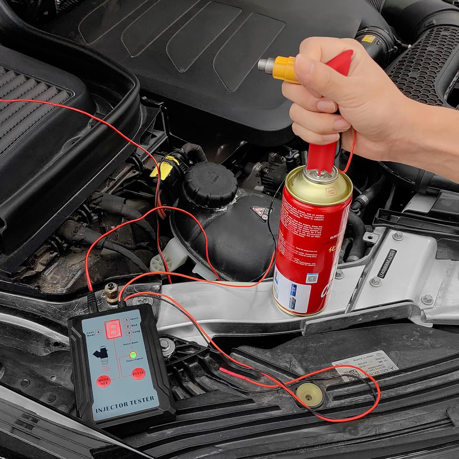 Shkalacar Universal Fuel Injector Tester and Cleaner with 4 Nozzle Adapters 2 Pulse Output Terminals 8 Pulse Modes LCD Display Short Circuit Protection for 12V EFI GDI Injectors (Red)