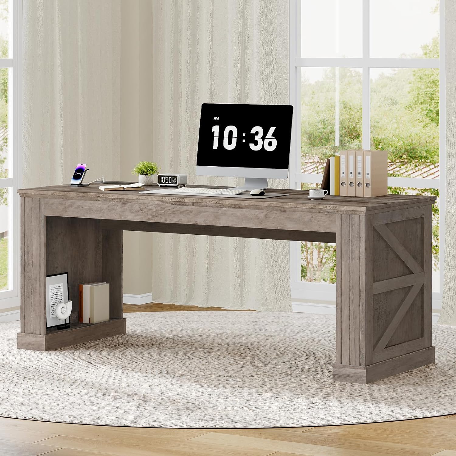 63'' Farmhouse Executive Desk, Double Pedestal Computer Desk with Built-in Charging Station & Bottom Open Storage, Wooden Writing Workstation for Home Office, Oak Gray
