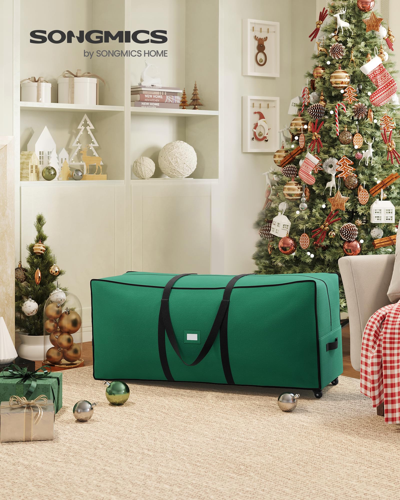 SONGMICS Borsa per Albero di Natale con Ruote da 4 cm, Custodia per Albero fino a 229 cm, per Albero Smontabile, Maniglie Regolabili, Tessuto Oxford 600D, Verde Foresta RXS004C03