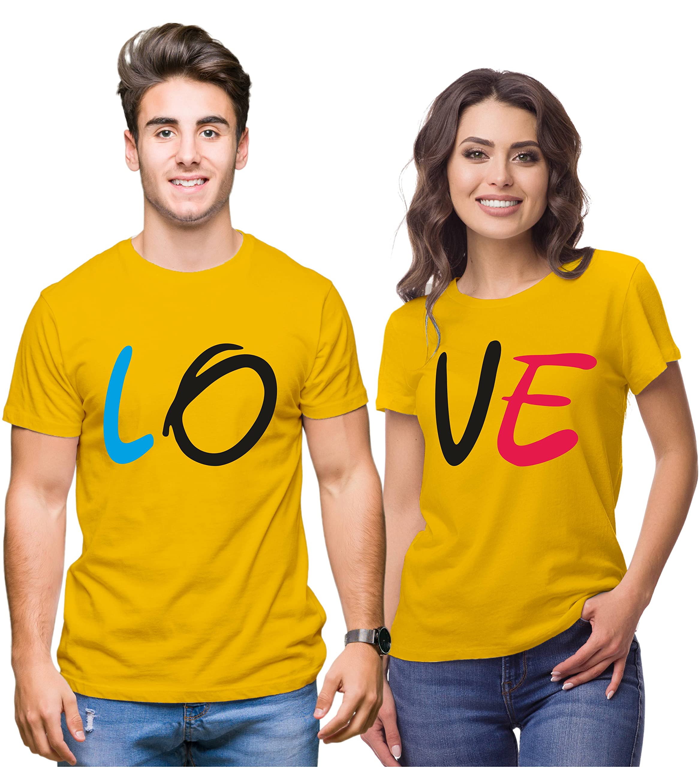 Hangout Hub HH114 Love Printed Couples Tshirt for Couple | Round Tees for Boyfriend Girlfriend and Husband Wife | Regular Fit (Set of 2, Cotton)