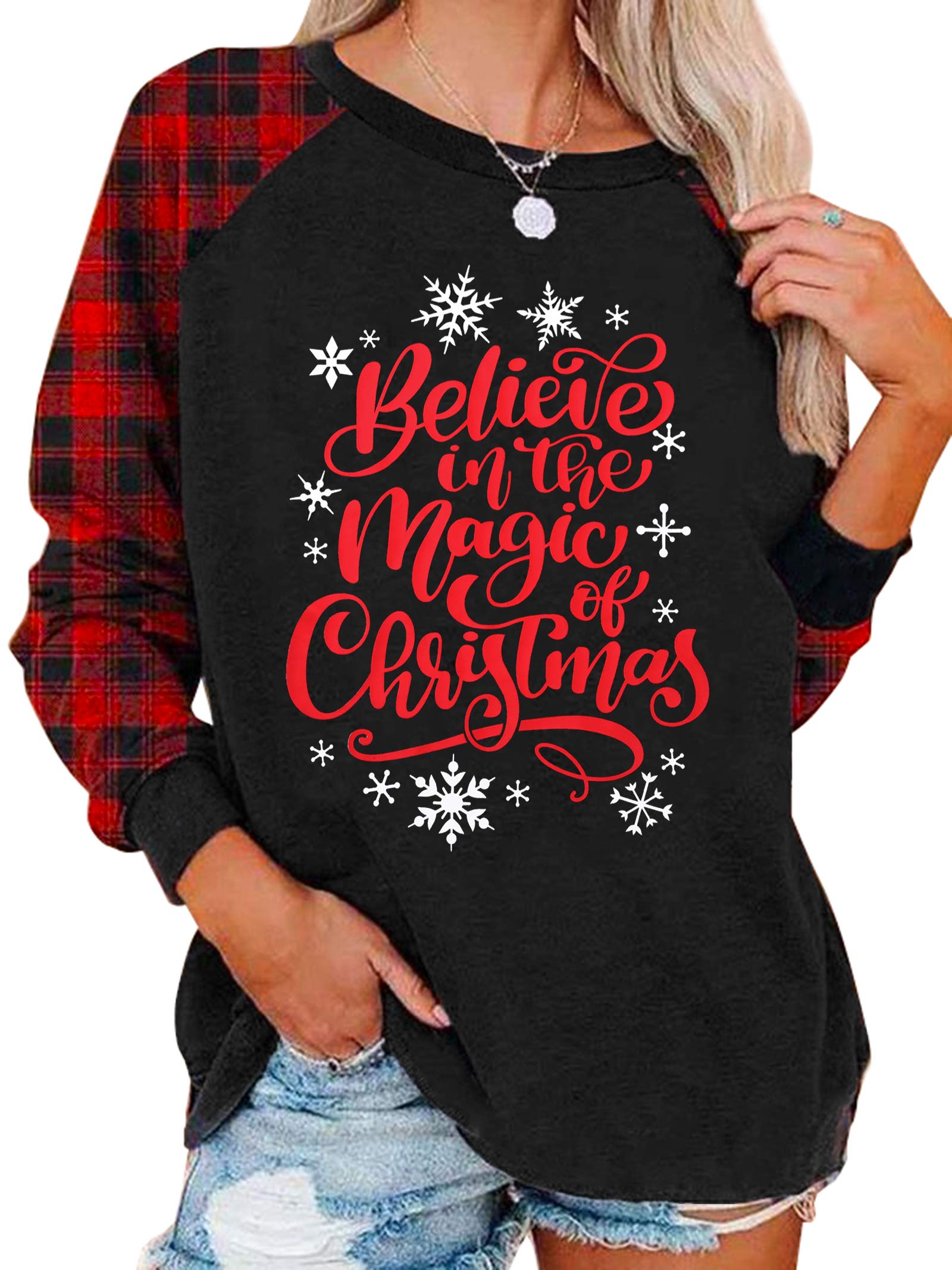 Believe Christmas T-Shirt Women Believe in The Magic of Christmas Plaid Shirt Baseball Raglan Splicing Tee Tops