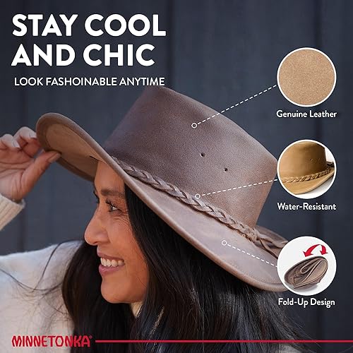 Miniatura 10 de Minnetonka Sombrero plegable unisex  Sombrero vaquero de ala plana con diseño portátil ala hecha a mano de cuero de calidad Café Oscuro S