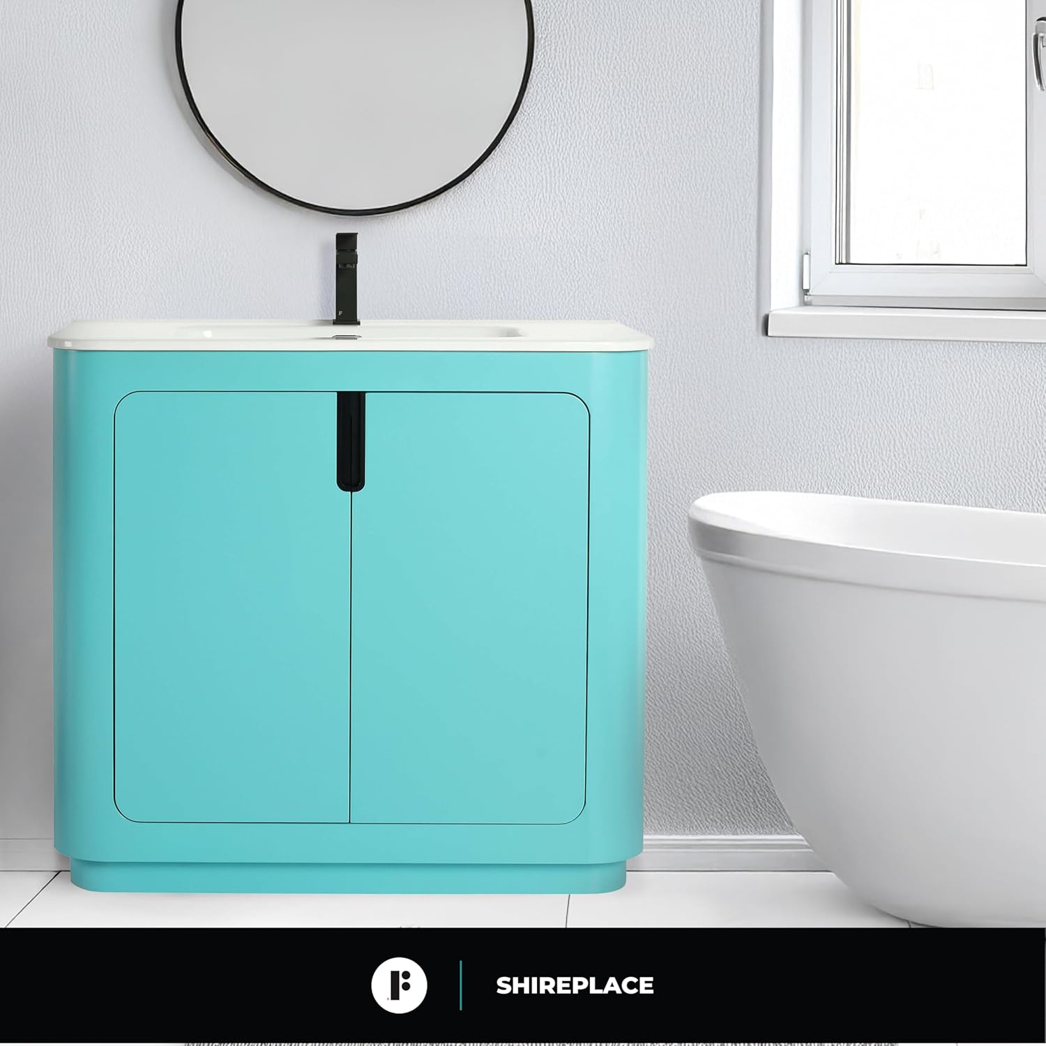 Fine Fixtures Shireplace Collection, 36 Inch Bathroom Vanity with Sink, Bathroom Cabinet Storage, Freestanding Vanity, Tiffany Blue – Elegant Modern Design, Soft-Close Doors, Recessed Handle