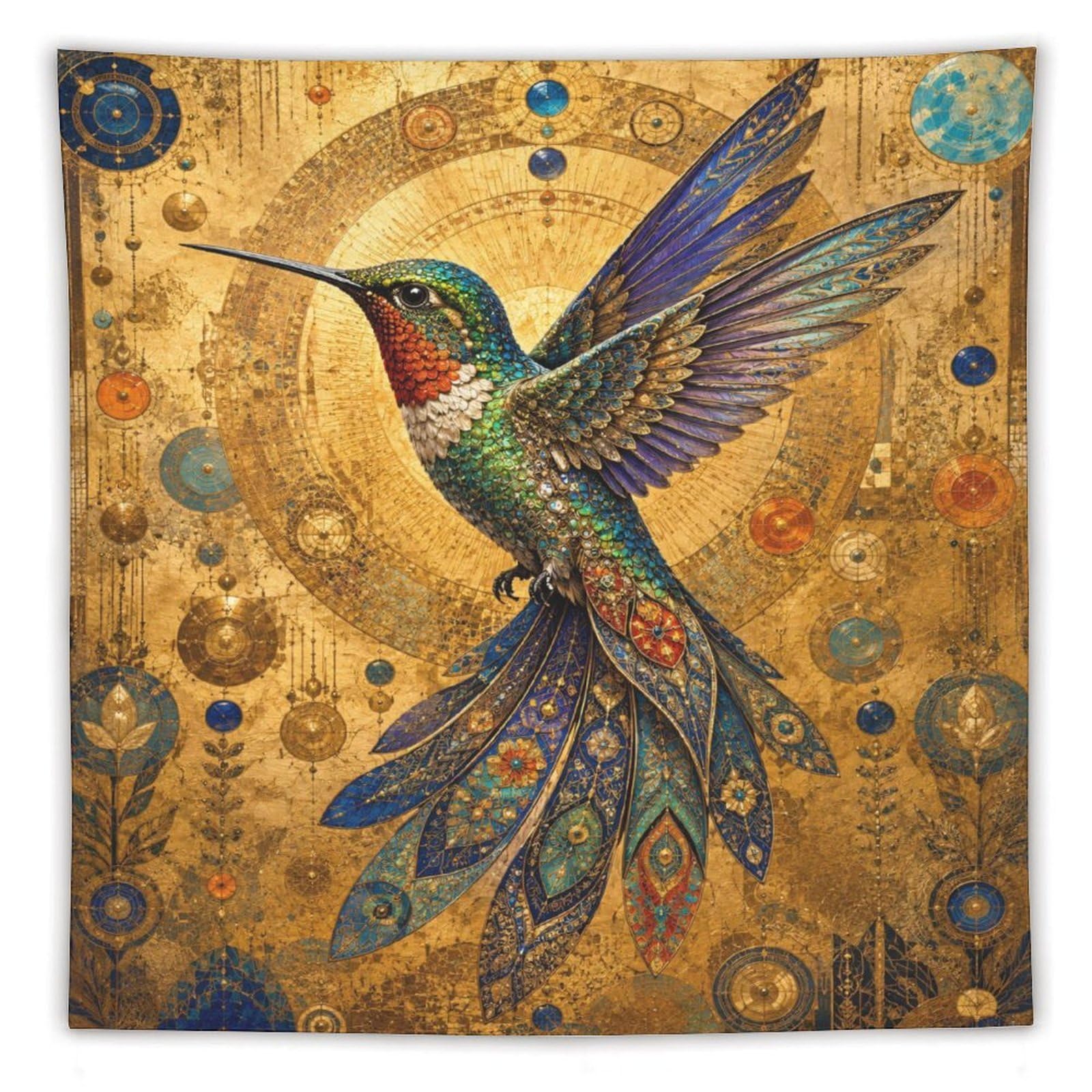 W7C8U2X3 Golden Mosaic Hummingbird Wall Tapestry, Byzantine Art