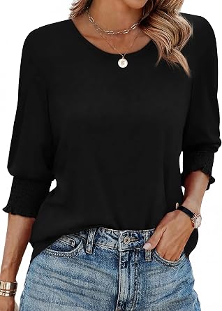 Womens Dressy Casual 3/4 Length Sleeve Summer Crewneck Loose Fit Going Out T Shirts