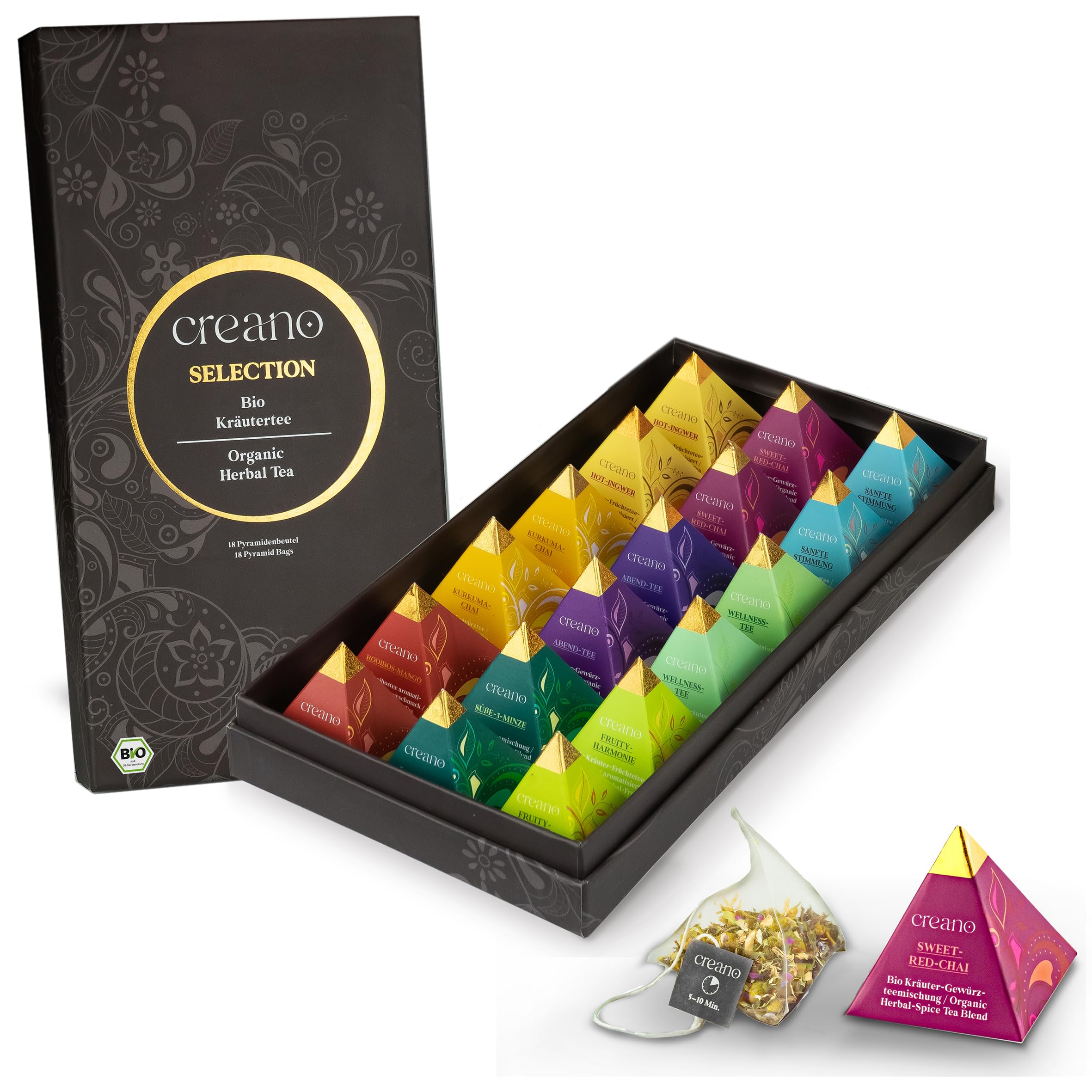 Creano Set de Regalo de Té Bio Infusión de Hierbas 18 Bolsitas Piramidales 9 Variedades Surtidas Sin Cafeína