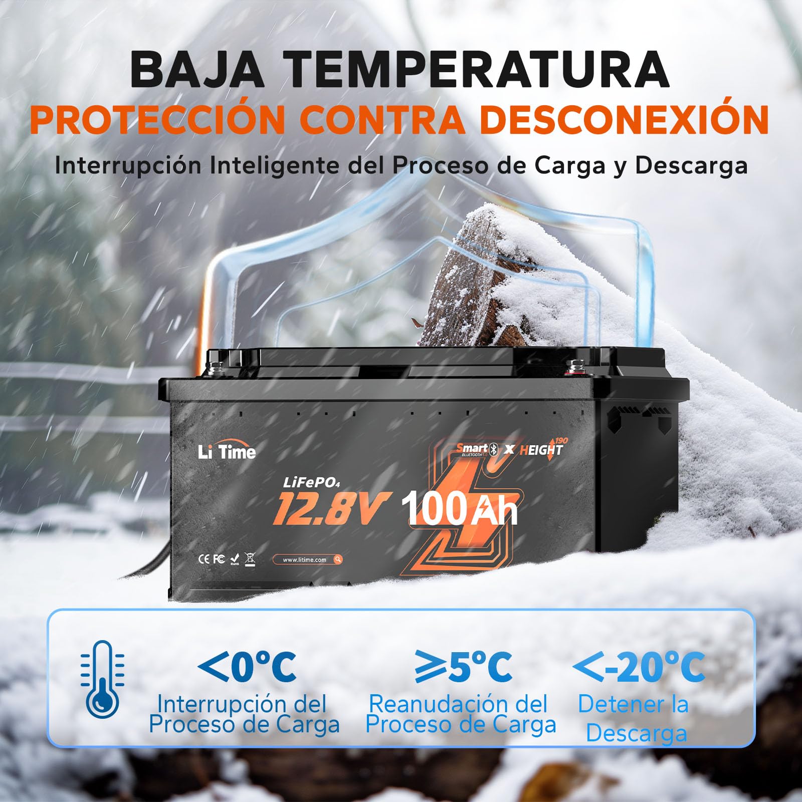 LiTime 12V 100Ah H190 Batería Lifepo4, Bateria Litio 12V con Bluetooth,100A BMS y Protección Baja Temperatura, 4000+ Ciclos, Batería Lifepo4 para Caravana, Barco, Energía de Respaldo, Sistemas Solares