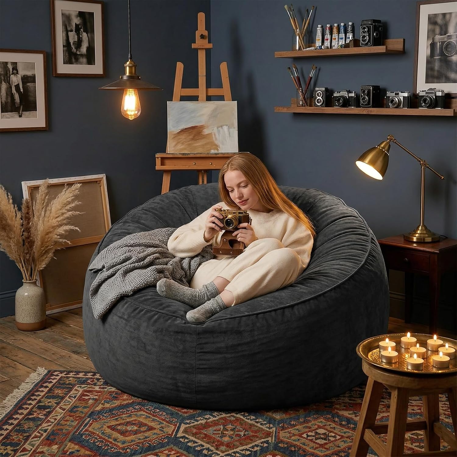 Bean Bag Chair for Adults, High-Density Memory Foam Beanbag Chair with Removable Washable Velvet Cover, Fast Rebound Fluffy Lazy Sofa Couch for Living Room & Bedroom