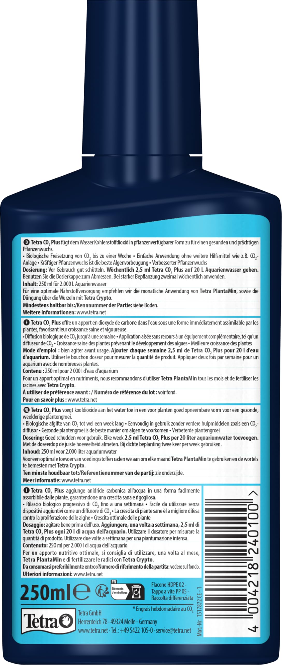 Tetra CO2 Plus - Fertilizzante liquido a base di carbonio per piante d'acquario rigogliose, flacone da 250 ml