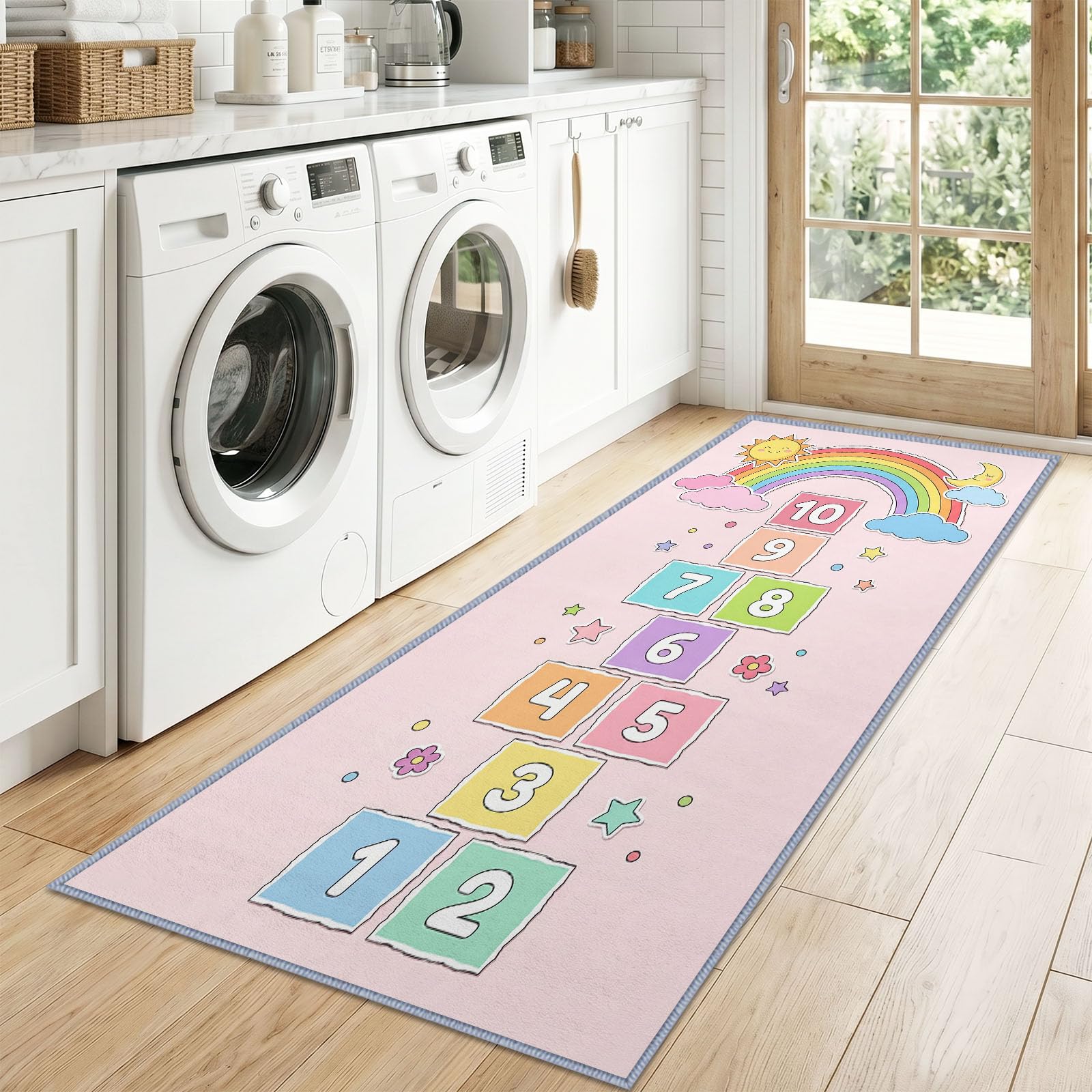 Waschbarer Läufer Teppich Flur 90 x 180 cm, rutschfes Kinder Spiele Handgezeichnet Lang Küchenläufer - Himmel Und Hölle Zahlen Blöcke Regenbogen Langer Teppichläufer für Wohnzimmer Schlafzimmer