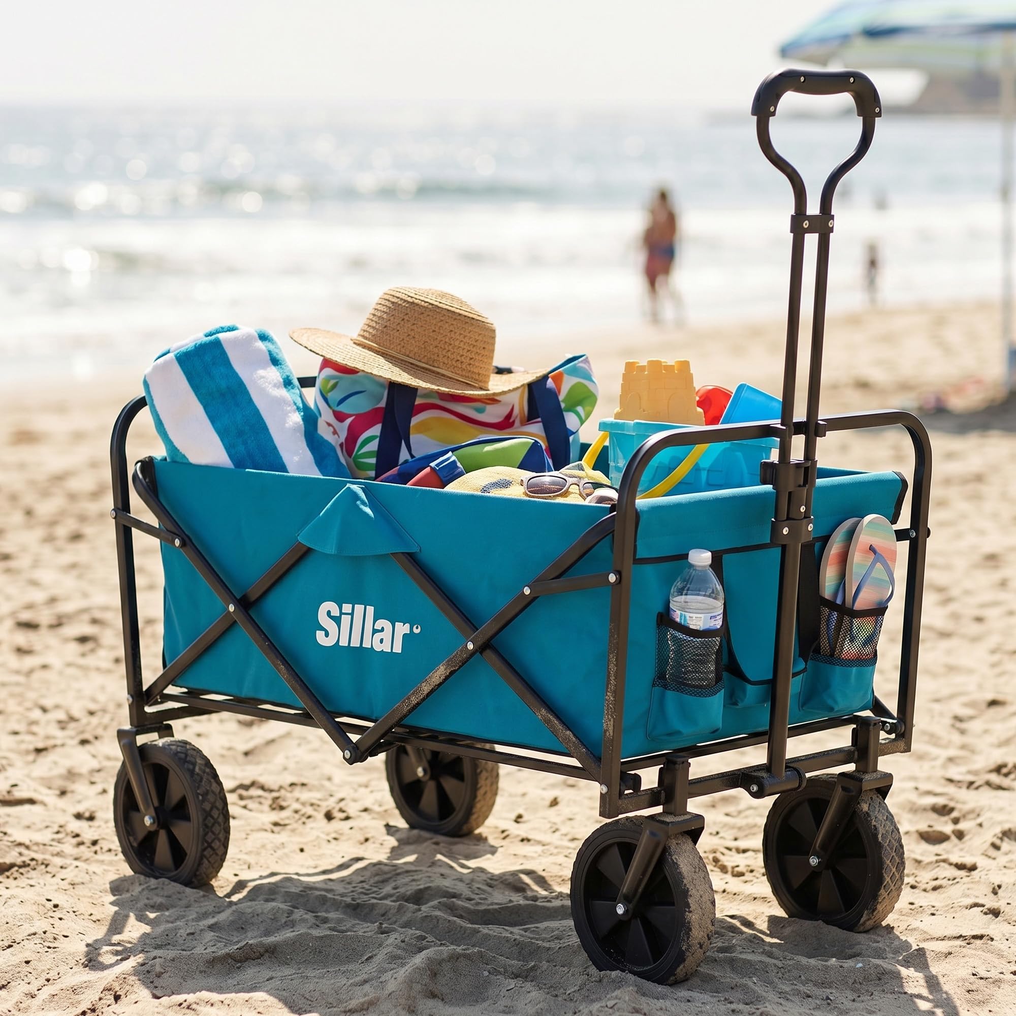 Sillar Carrello pieghevole da giardino, compatto con maniglia, 4 ruote in PVC rinforzato, capacità di carico fino 80 kg, per esterni, giardino, 100 l, 2 tasche aggiuntive per bevande sul davanti, blu