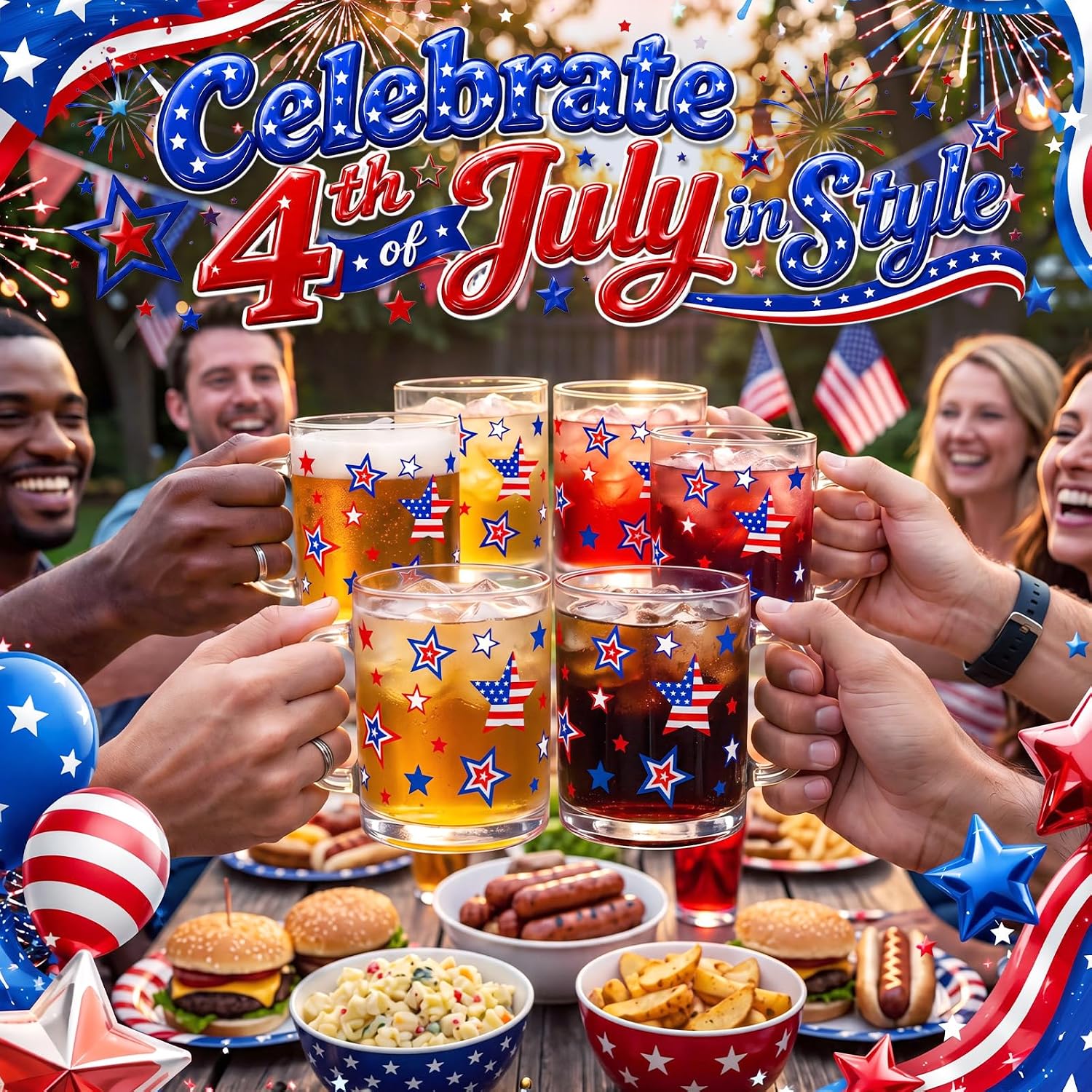 Hushee 6 Pack Patriotic Glass Mug with Handle 12oz 4th of July Coffee Cup 250th Anniversary Glass Cup Red White Blue Drinking Glasses Gift for Independence Day Memorial Day Hot Cold Beverage Water